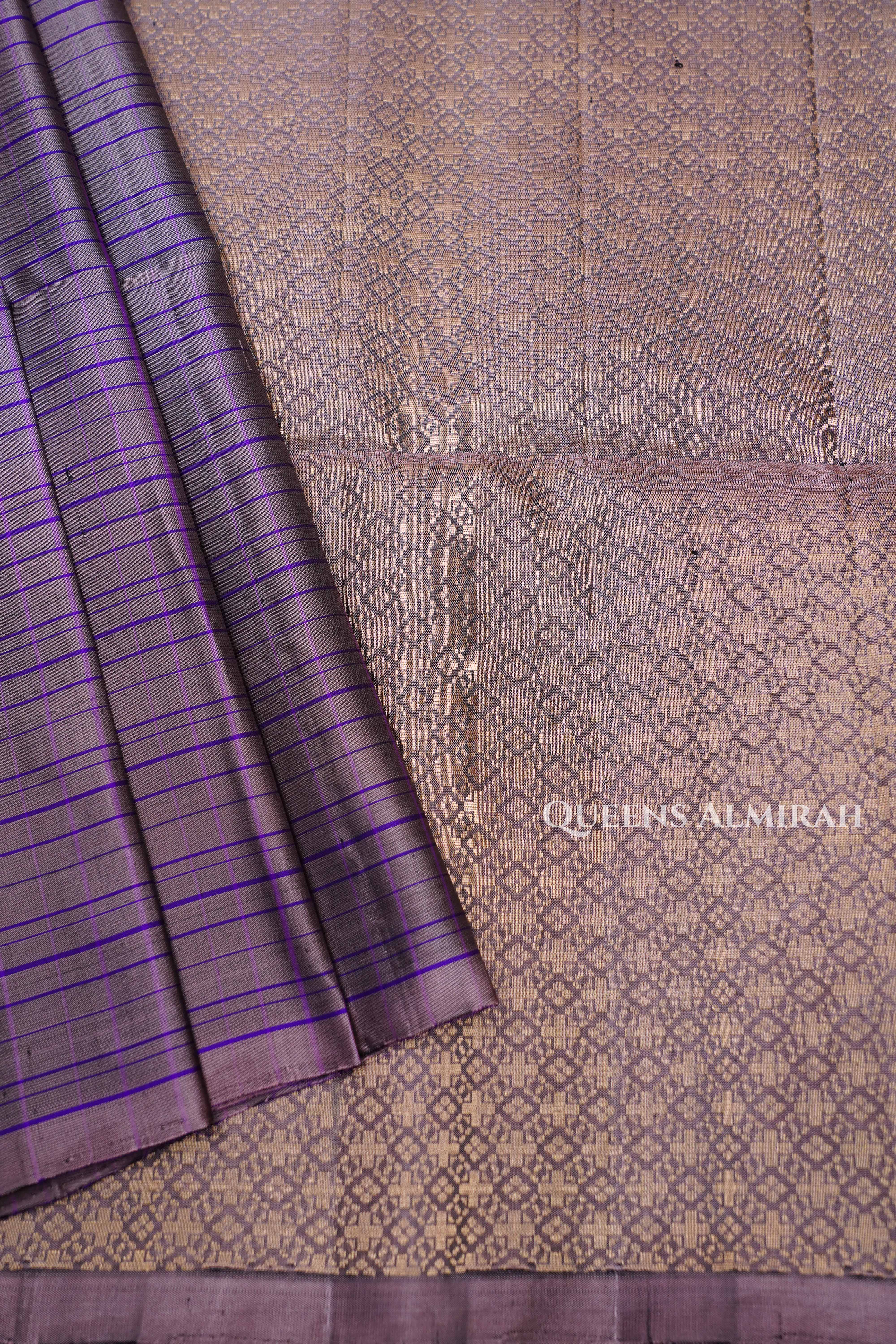 Pinkish Grey With Purple Stripes Pure Soft Silk Saree