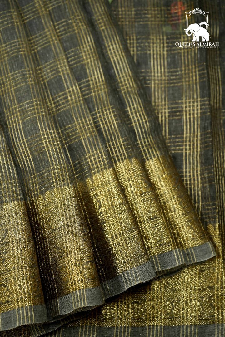DIM GREY WITH GOLD TISSUE SAREE - Queens Jewel Emporium