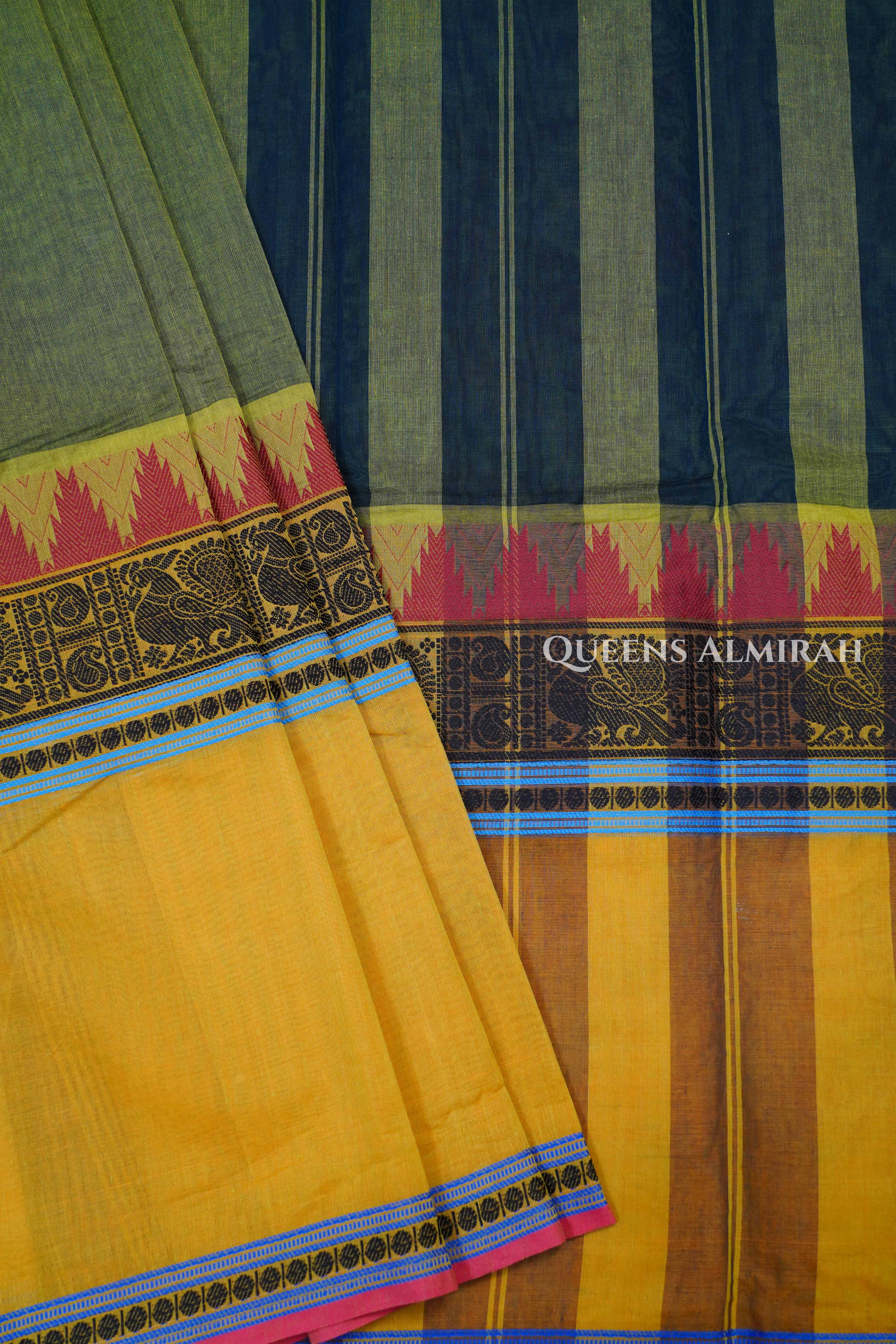 Paasa Pachai With Mustard Yellow Chettinad Cotton Saree
