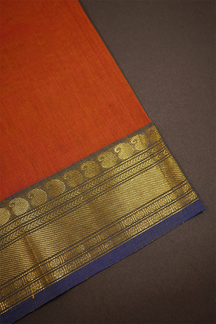 BURNT ORANGE WITH PURPLE KANCHI COTTON SAREE - Queens Jewel Emporium