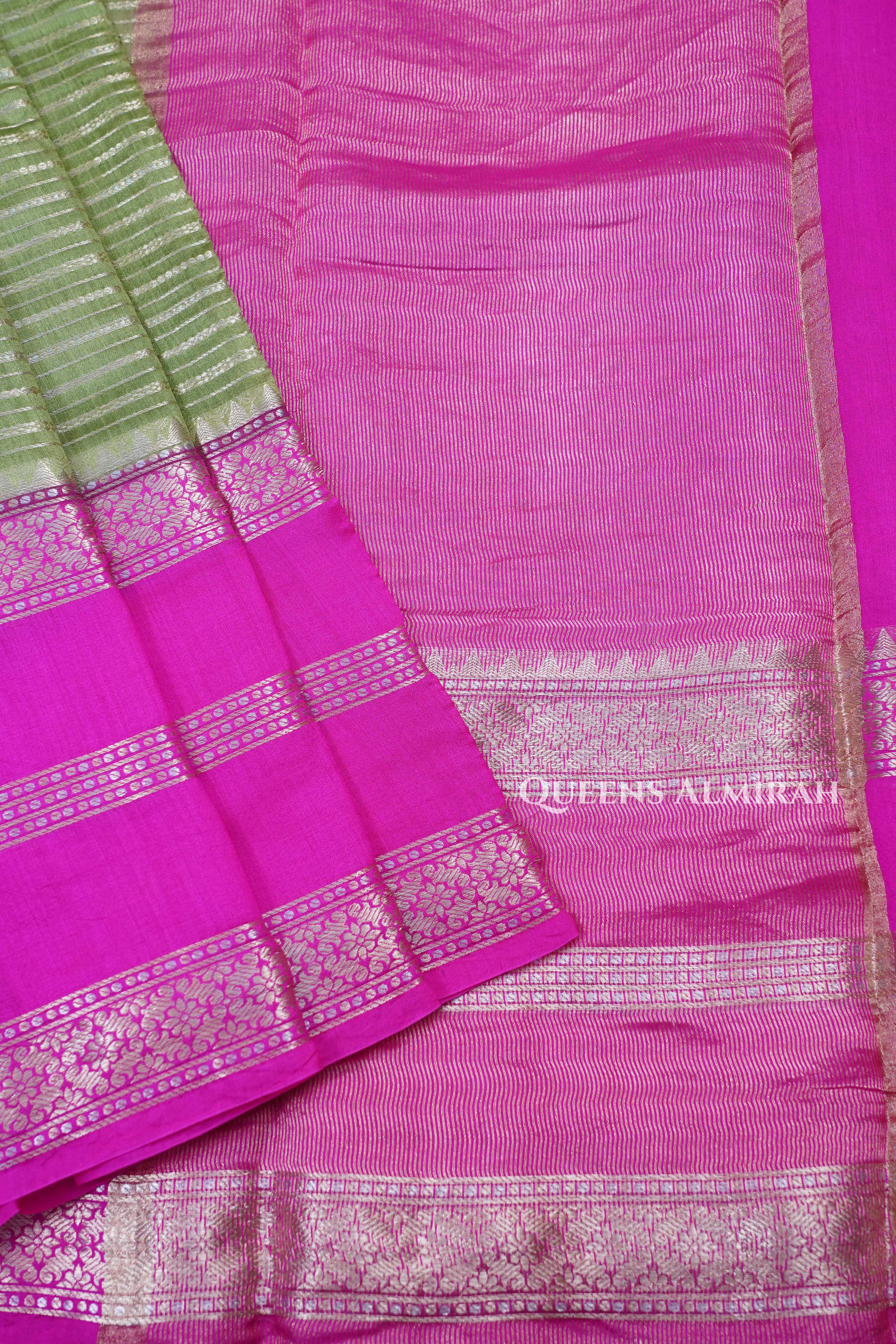 Olive Green With Pink Chiniya Silk Saree