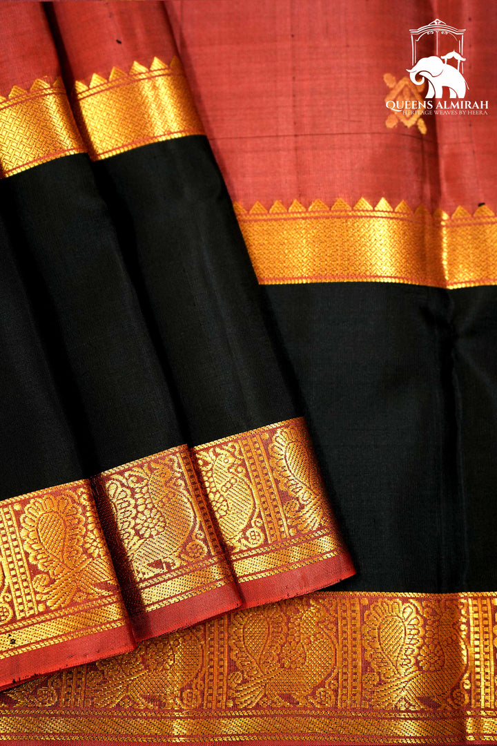 COPPER RUST WITH BLACK SOFT SILK SAREE - Queens Jewel Emporium