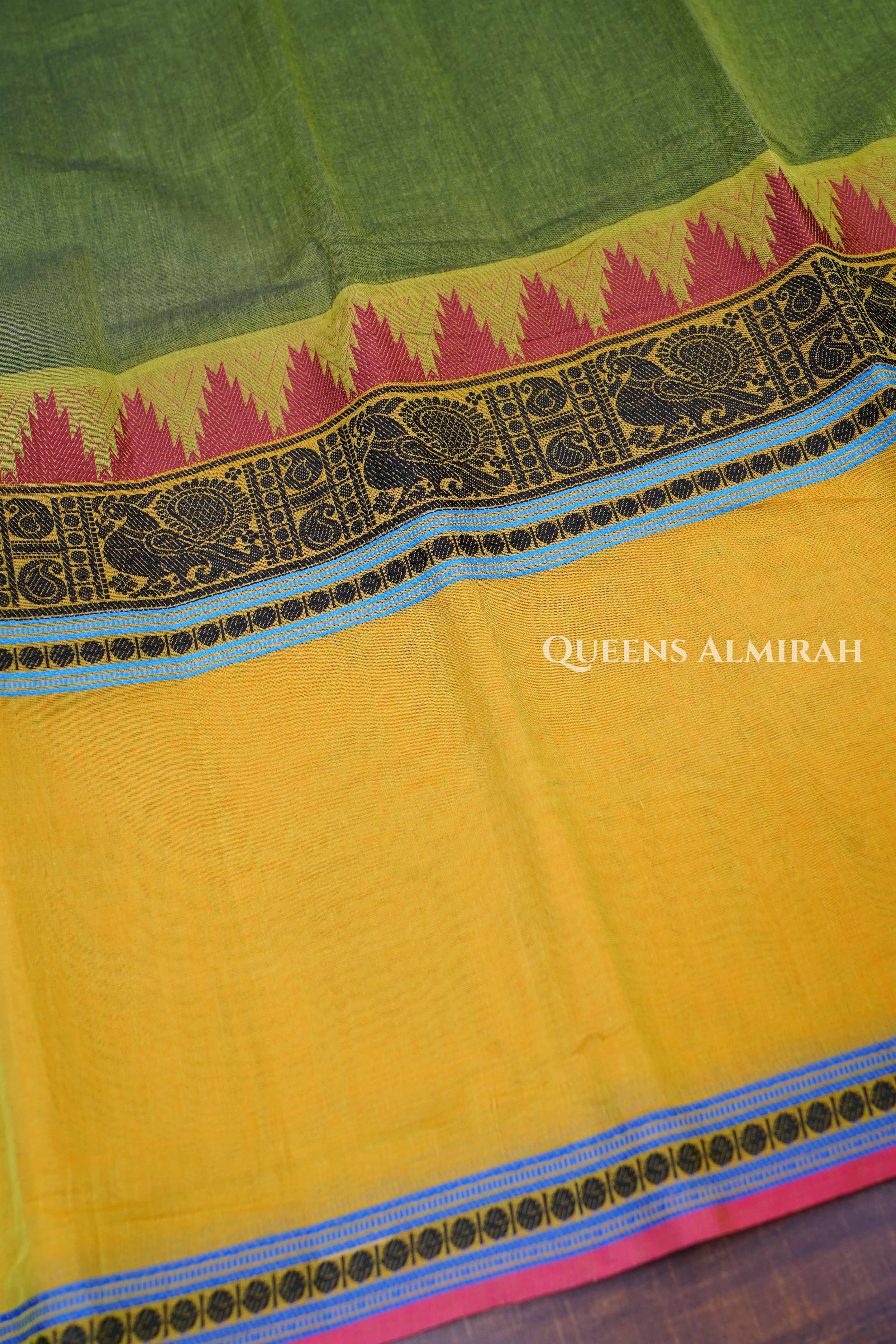 Paasa Pachai With Mustard Yellow Chettinad Cotton Saree