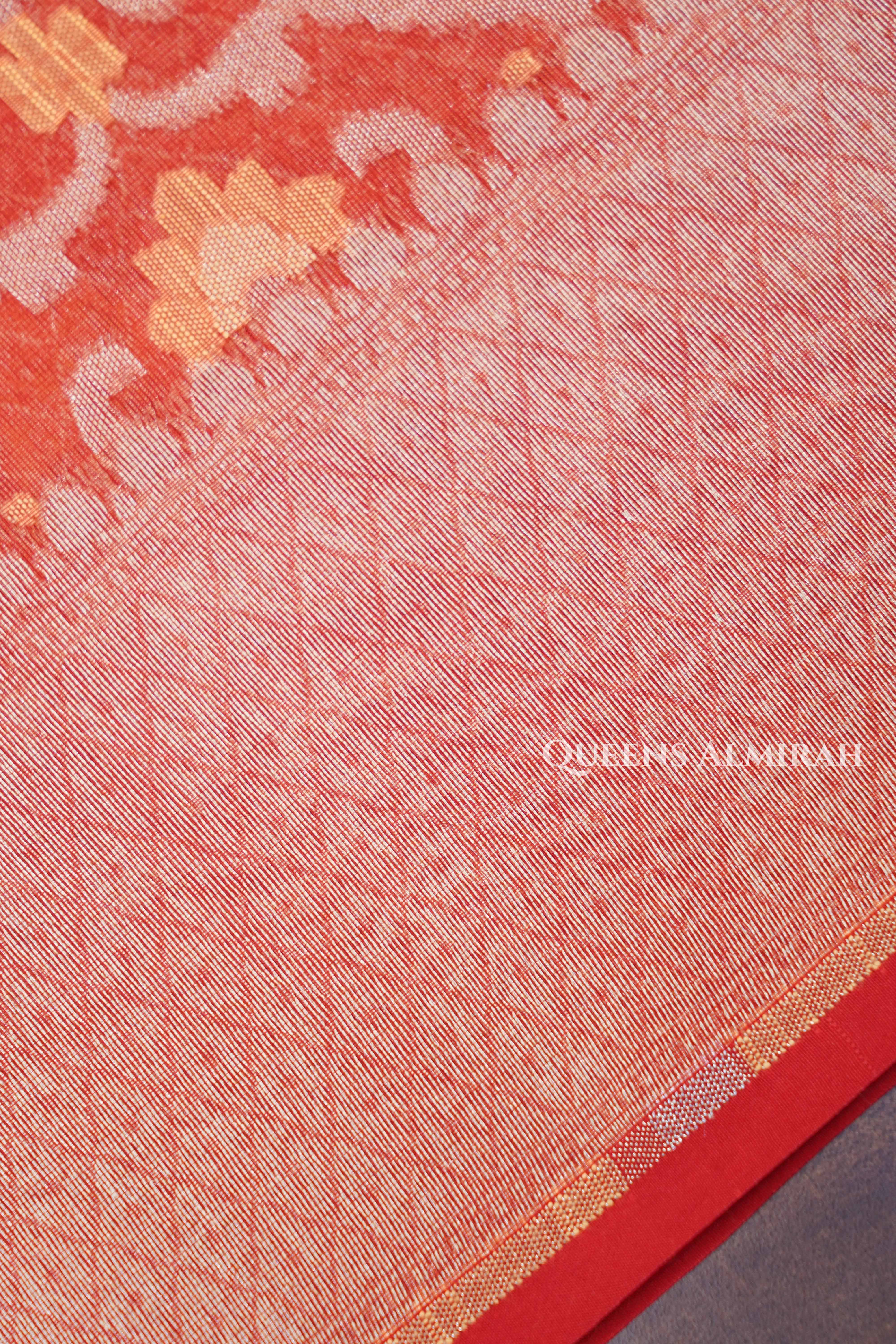 Rust Orange Banarasi Organza Silk Saree