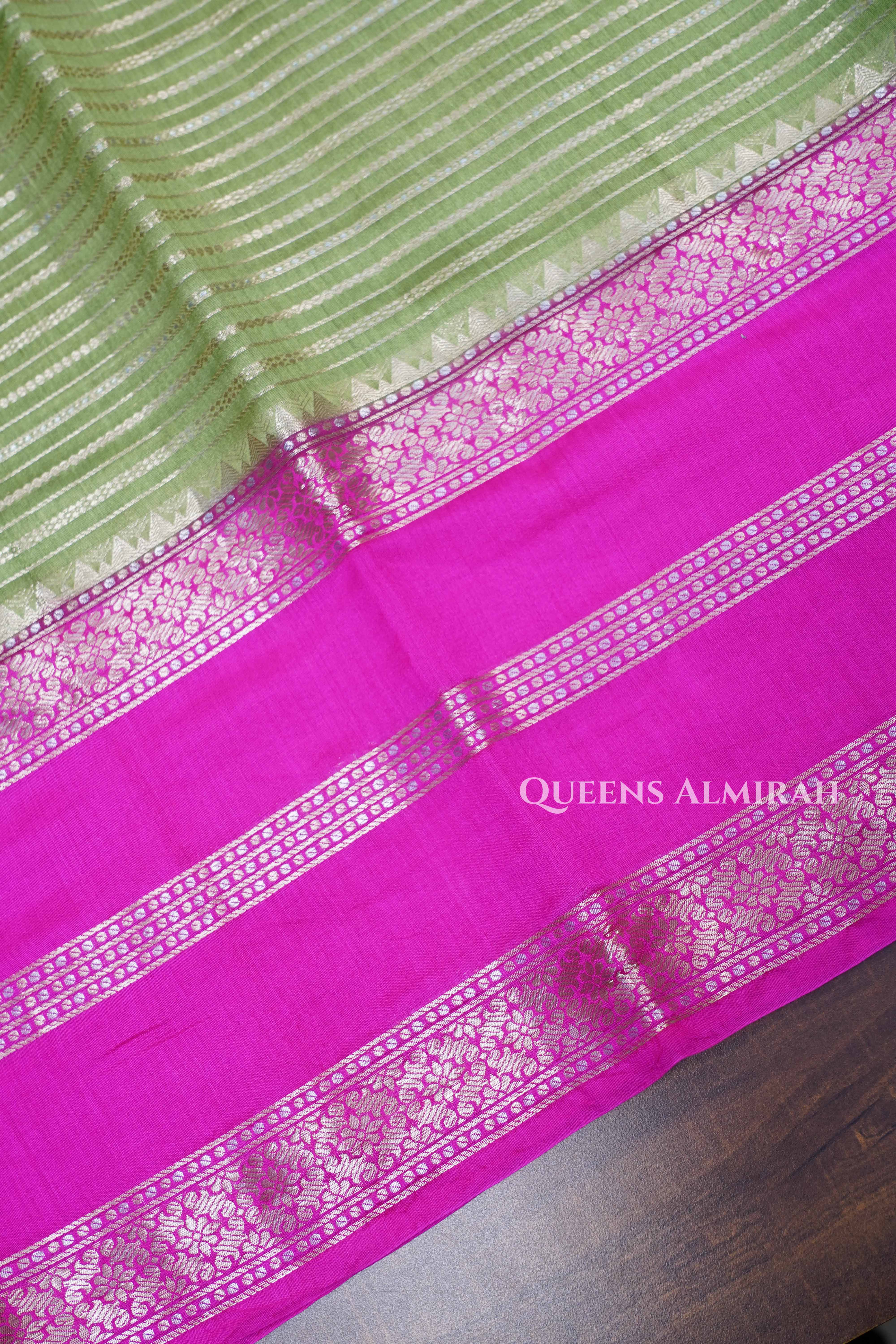 Olive Green With Pink Chiniya Silk Saree