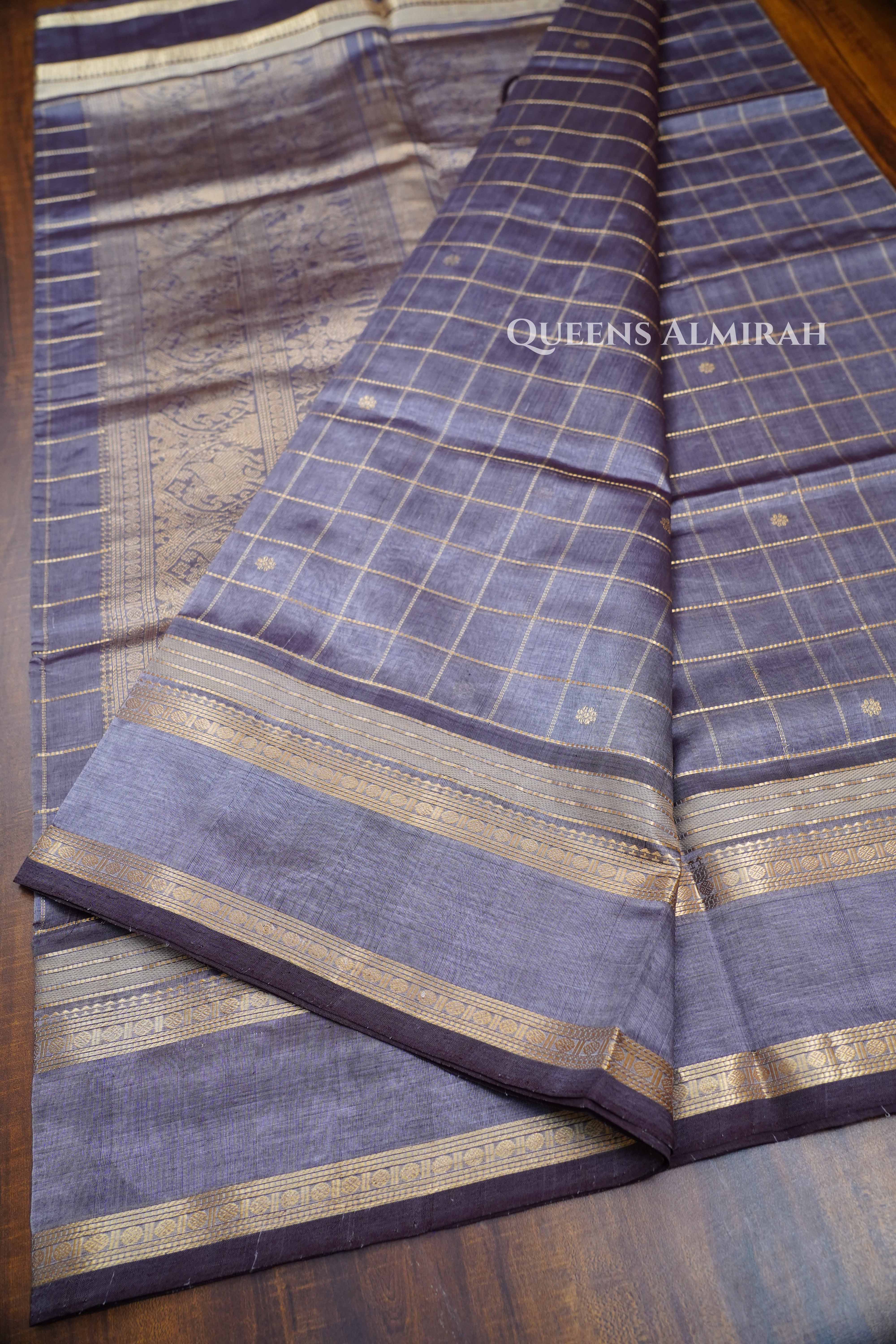 Ash Grey Karaikudi Chettinad Silk Cotton Saree