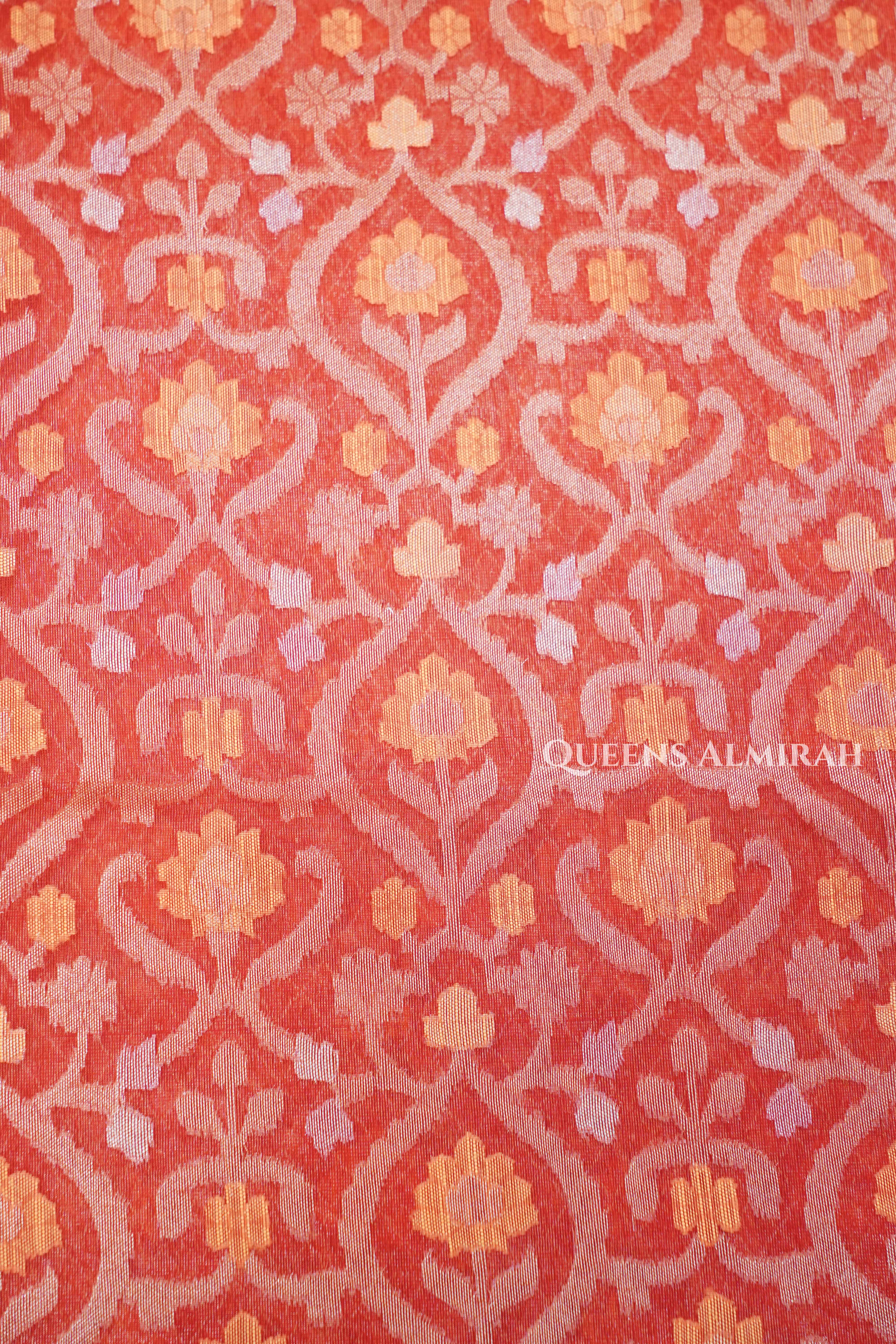 Rust Orange Banarasi Organza Silk Saree