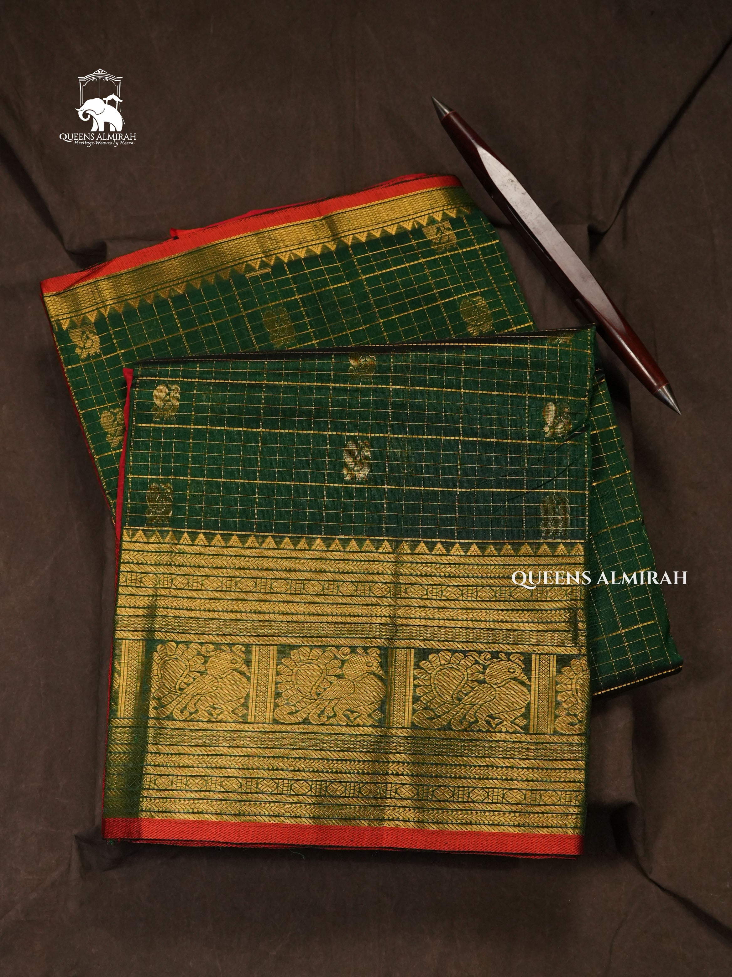 Dark Green With Red Pure Silk Cotton Saree