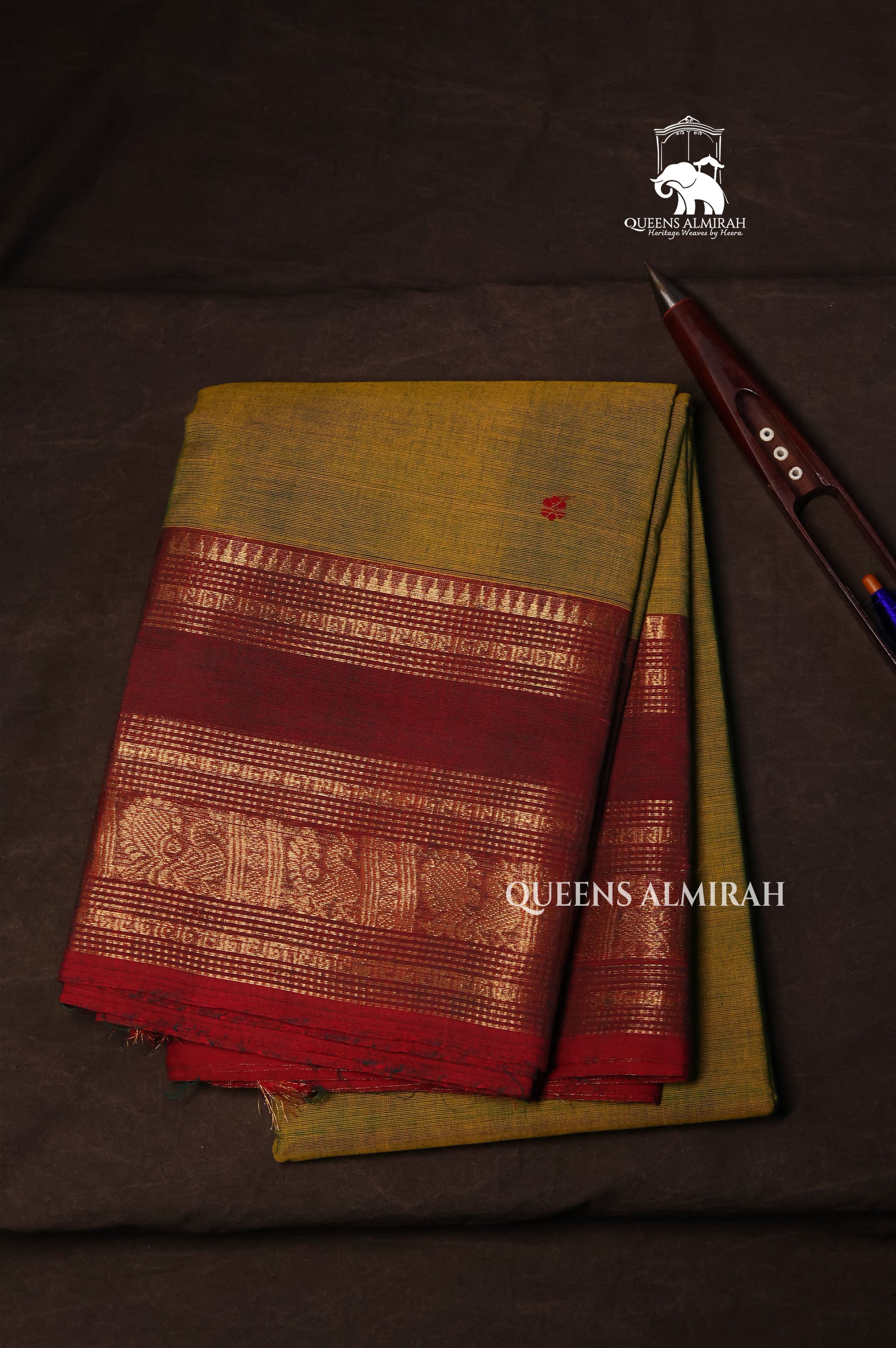 Green With Red Brown Kanchi Cotton Saree