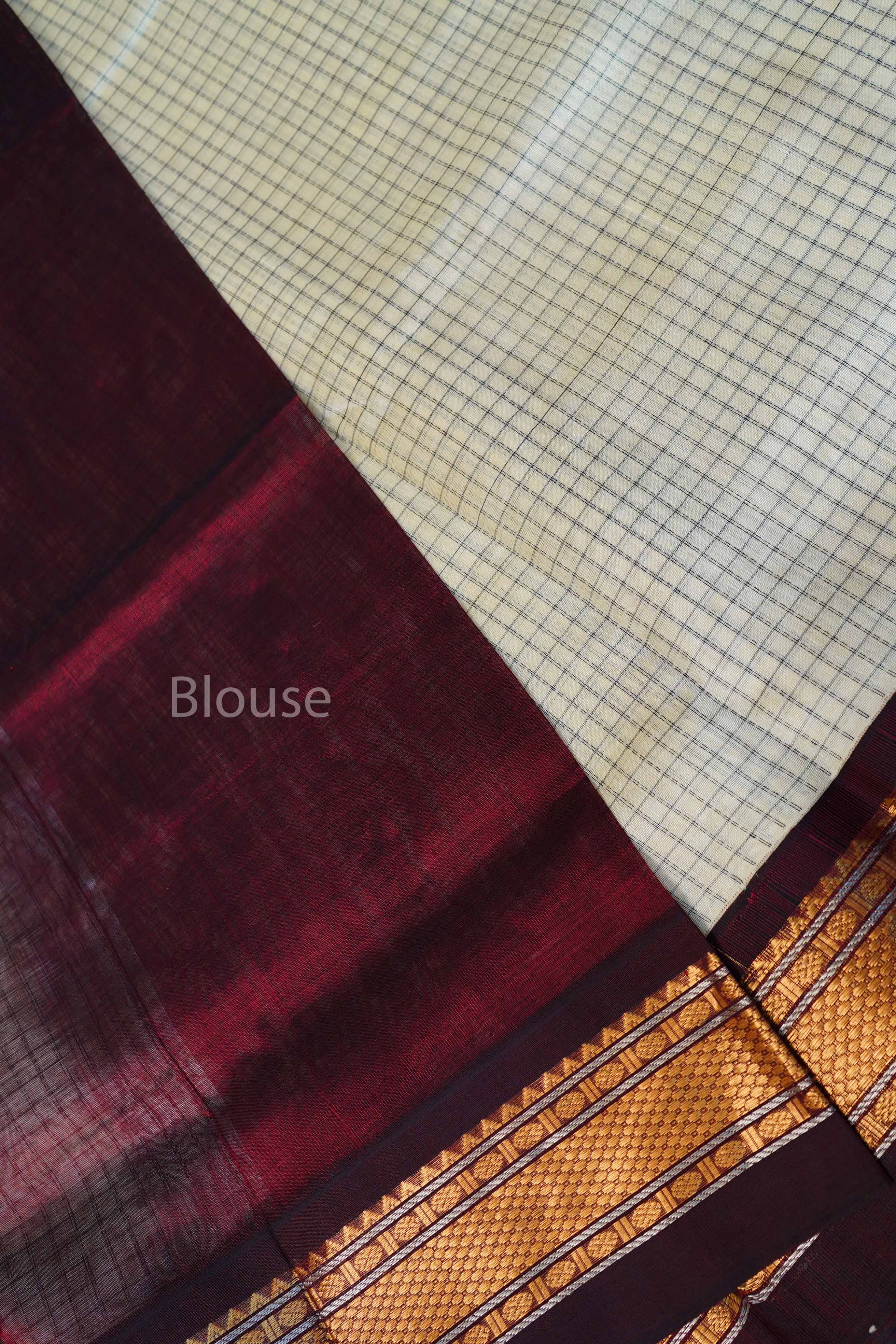 White Kattam And Maroon Pure Silk Cotton Saree