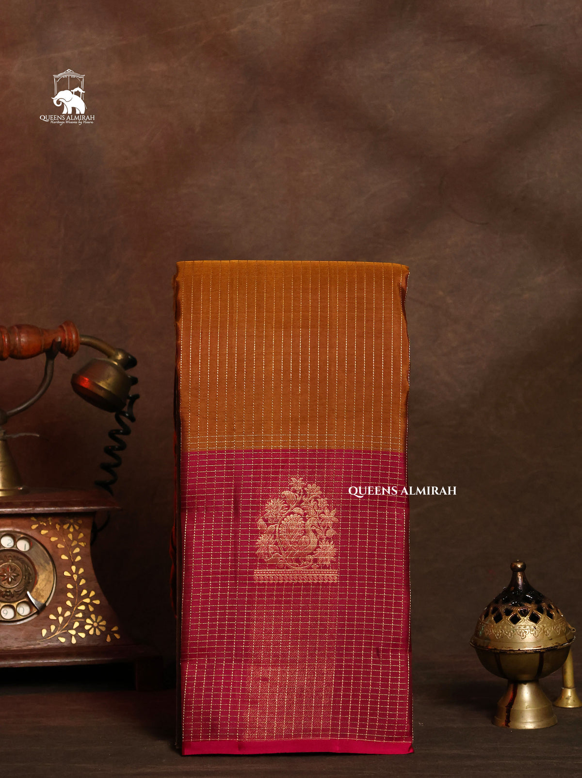 Mustard Brown With Purple Pure Kanchivaram Silk Saree