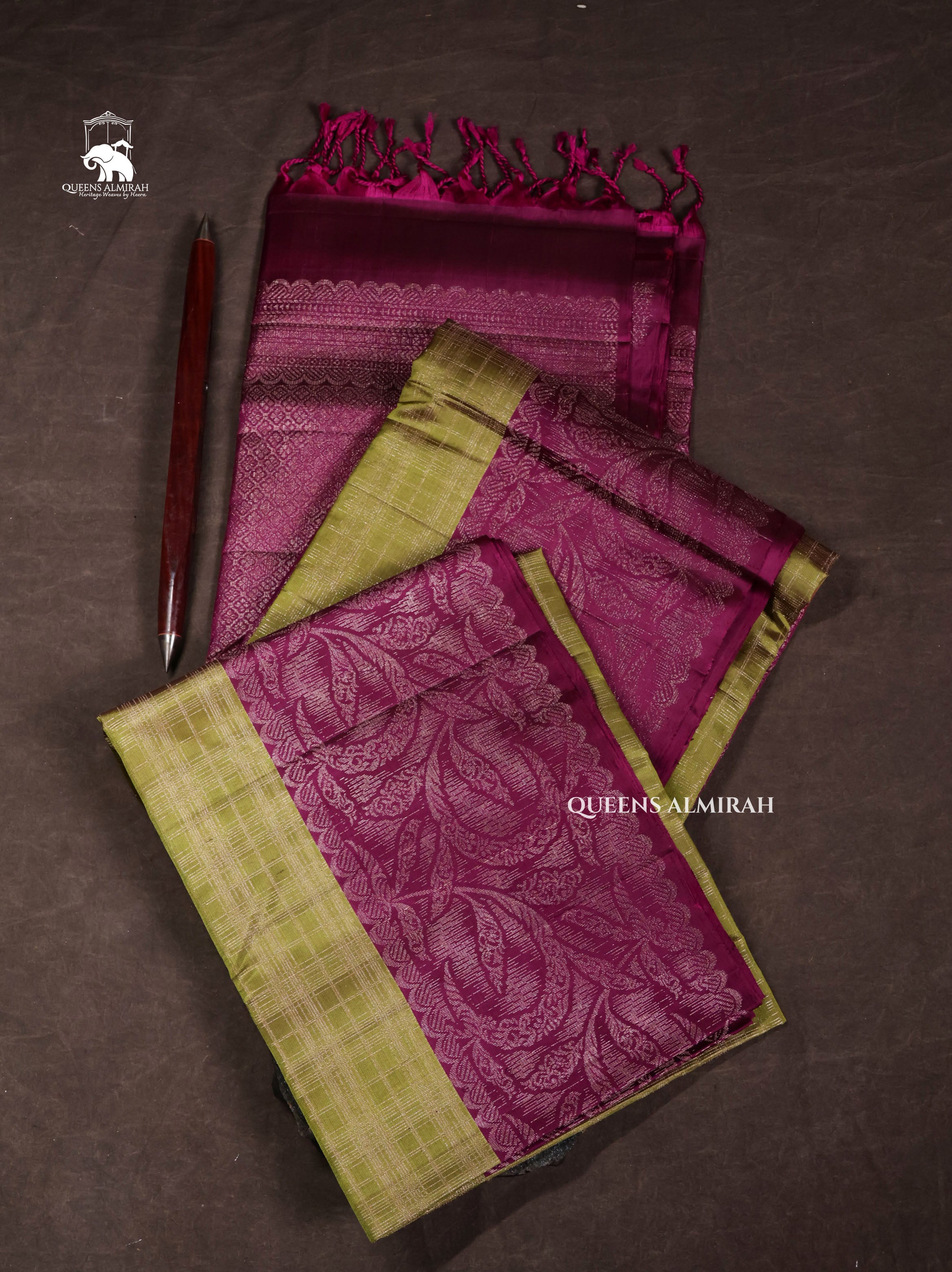 Olive Green With Purple Pure Soft Silk Saree