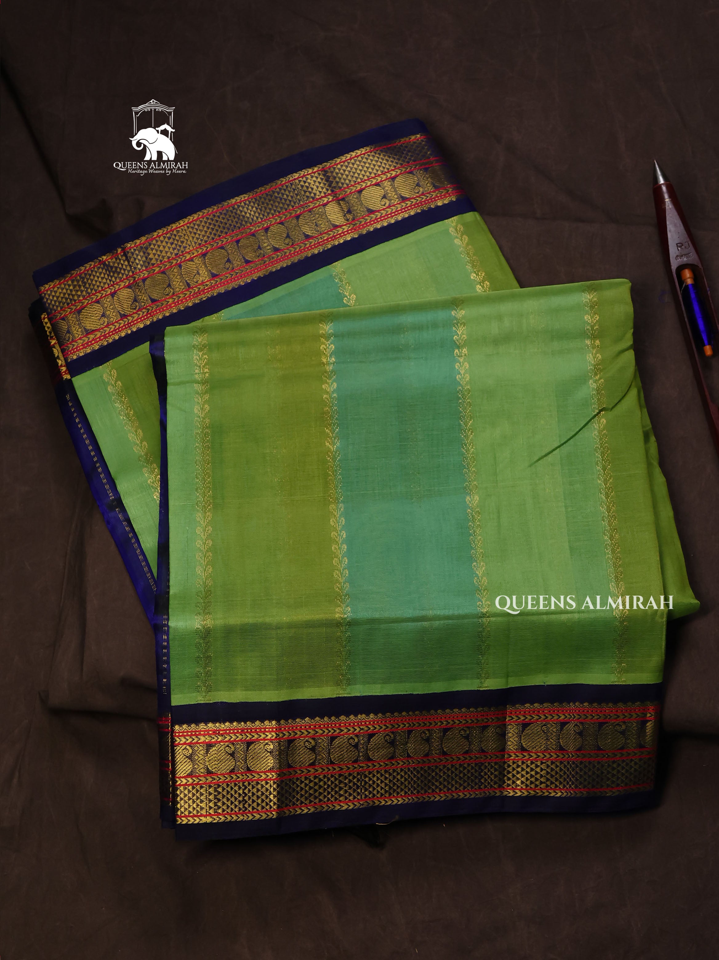 Green And Blue With Navy Blue Border Pure Silk Cotton Saree