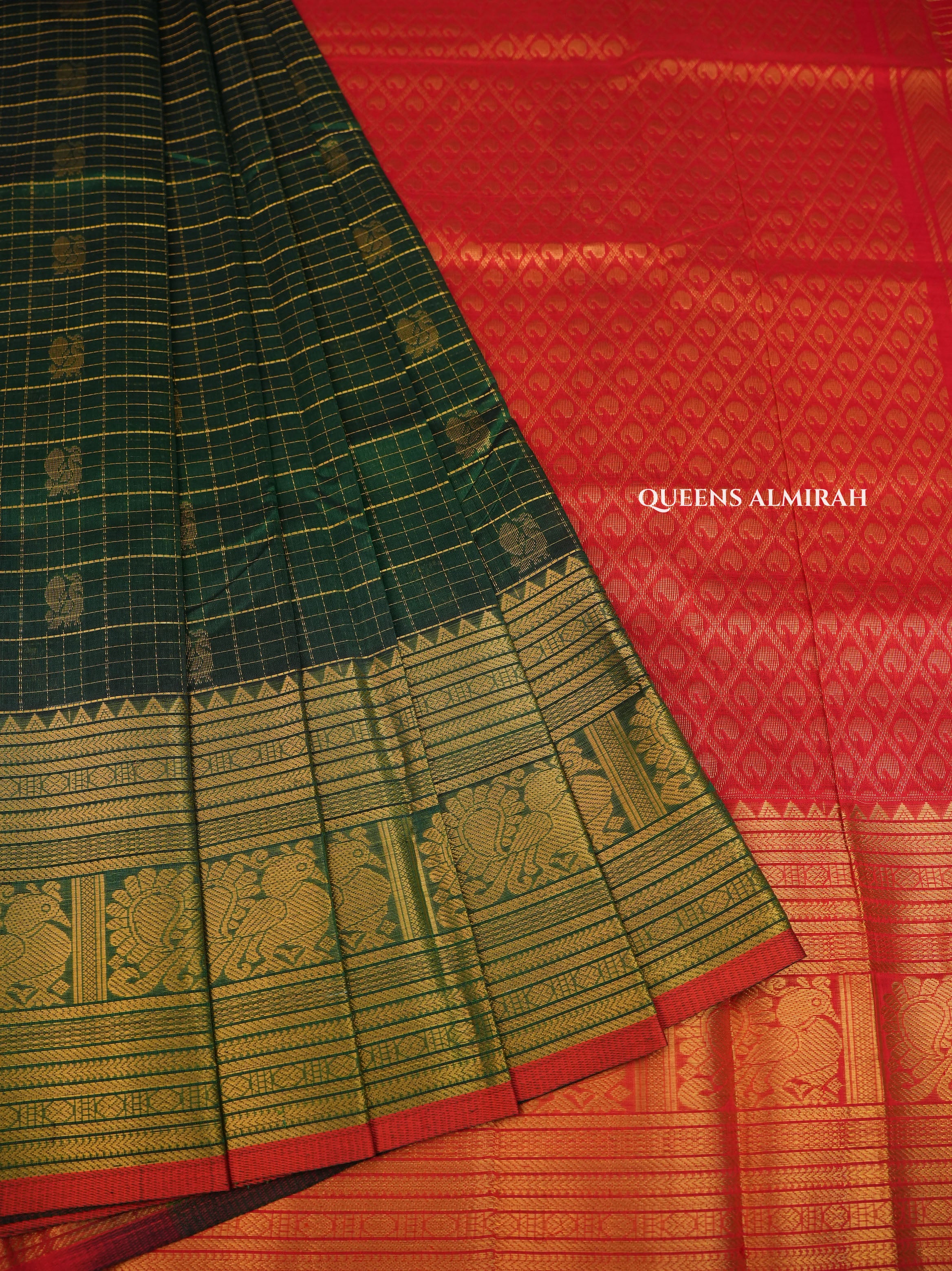 Dark Green With Red Pure Silk Cotton Saree