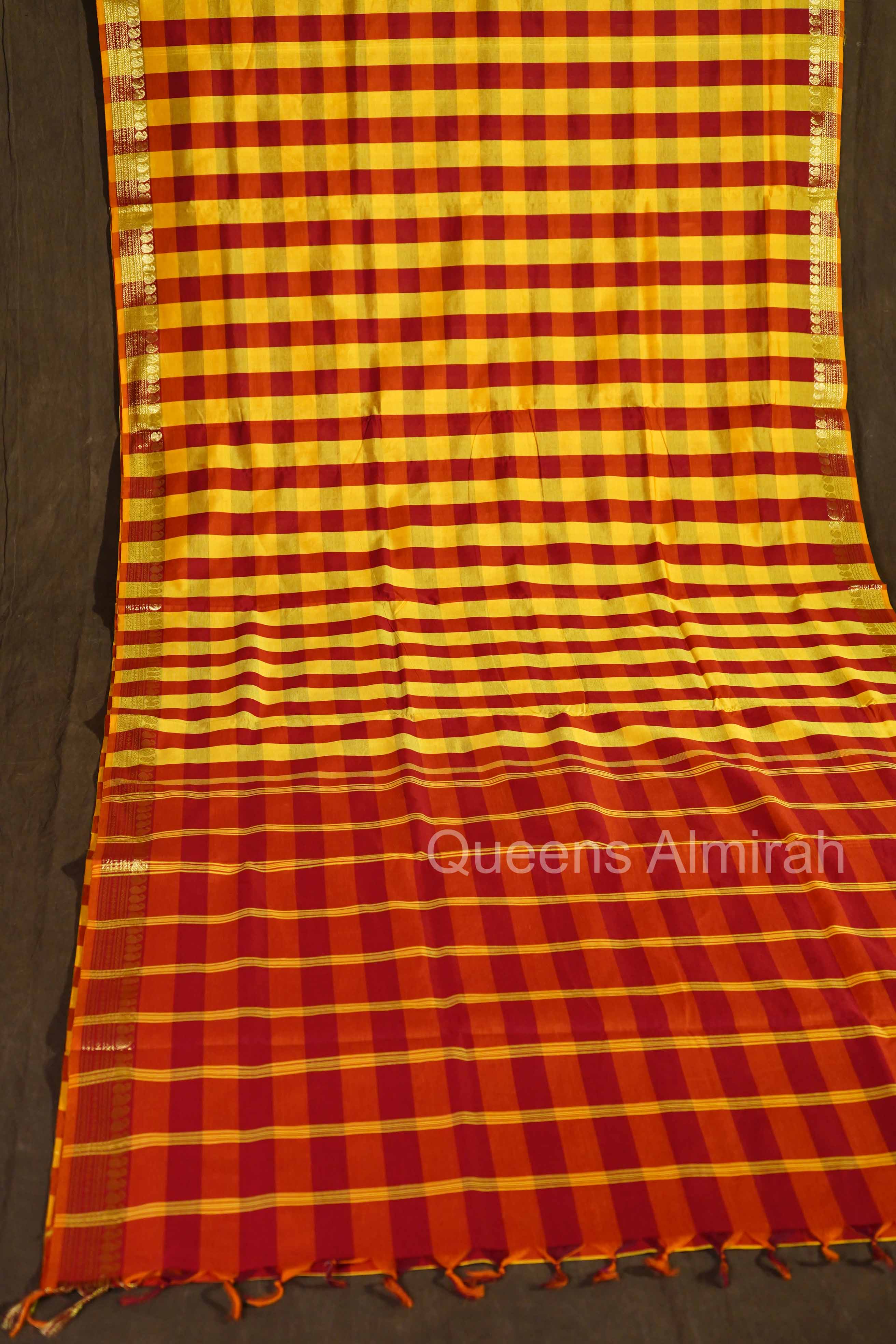 Yellow With Red Checks Semi Silk Cotton Saree