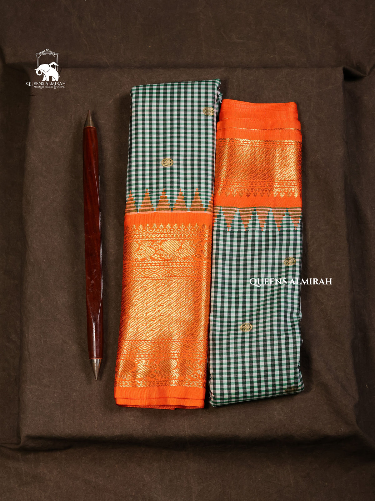 Dark Green Kattam With Orange Semi Gadwal Silk Saree