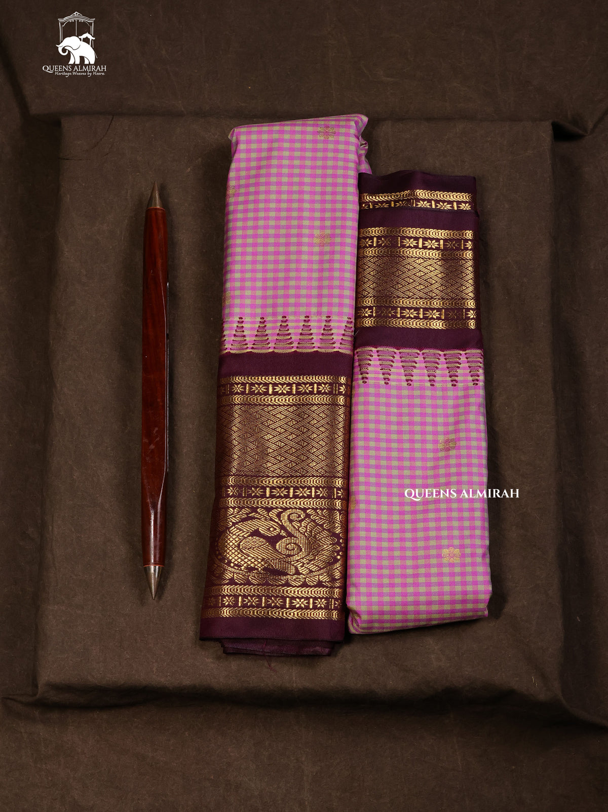 Lavender Kattam With Brown Semi Gadwal Silk Saree