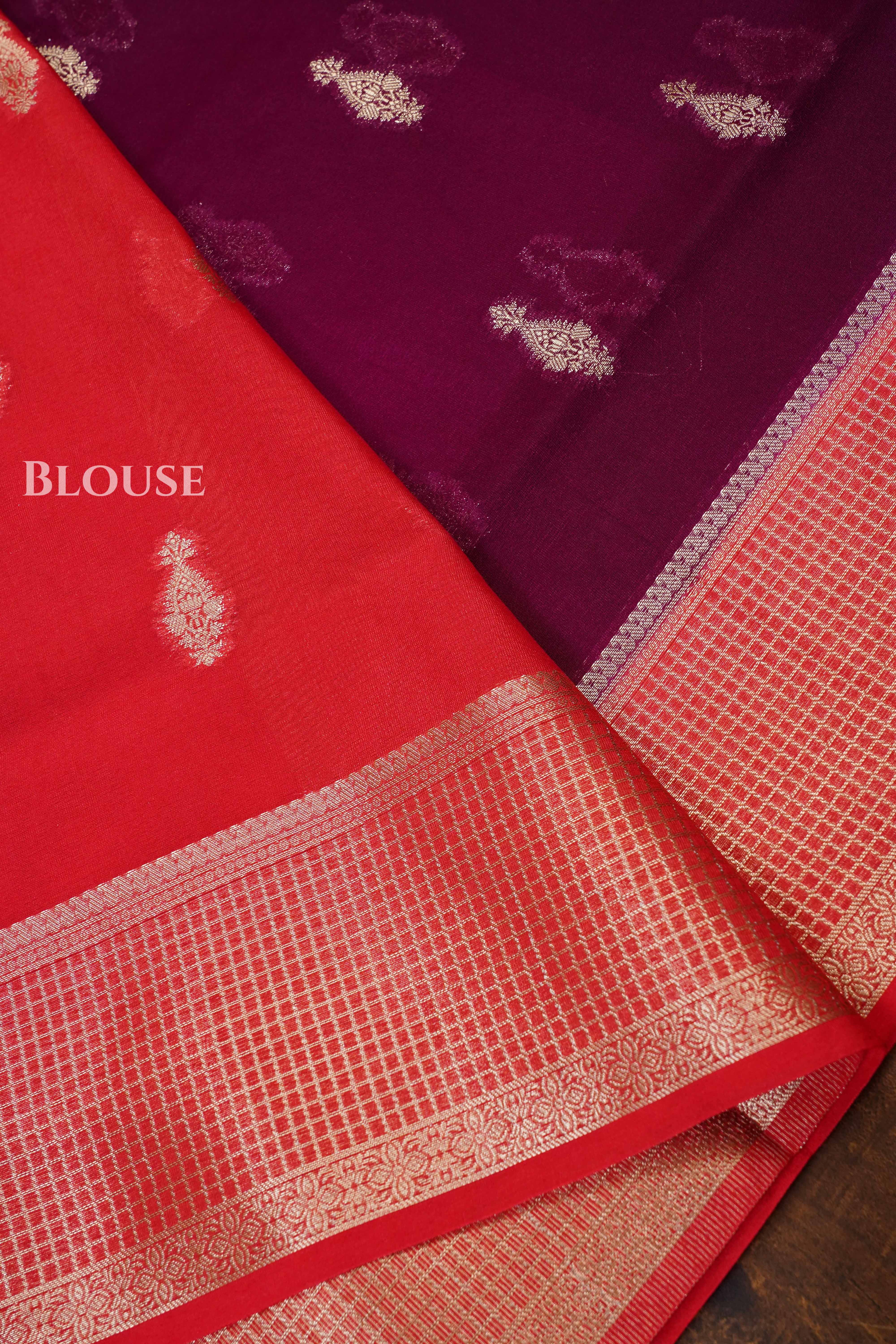 Purple With Red Semi Banarasi Silk Saree