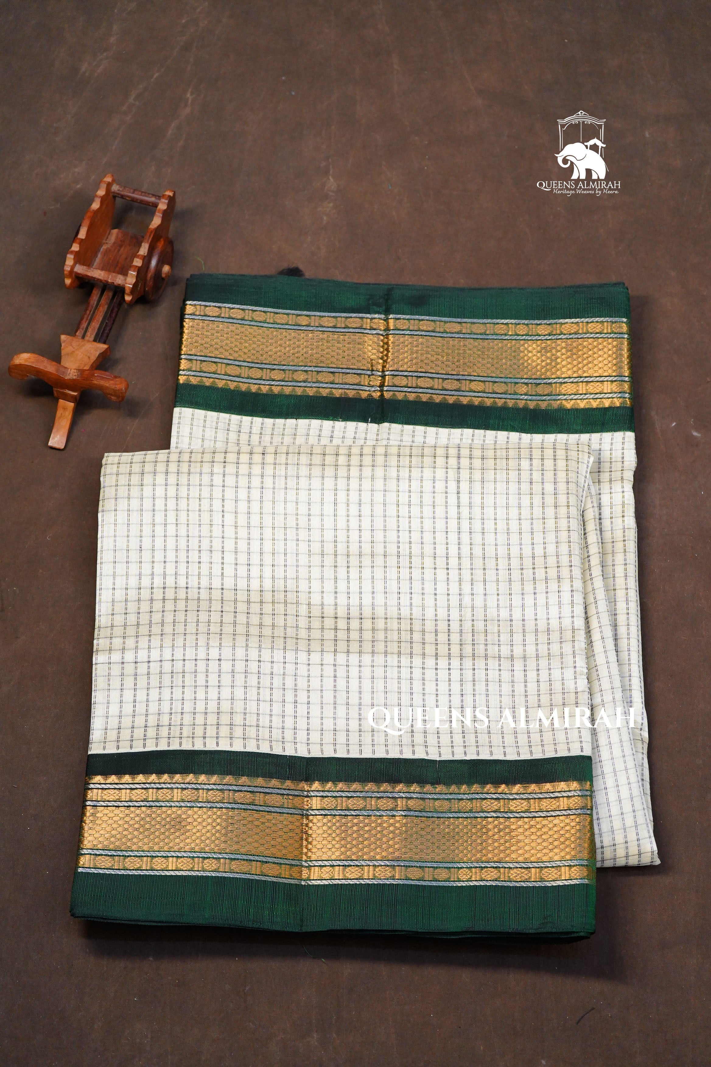 White Kattam With Green Pure Silk Cotton Saree