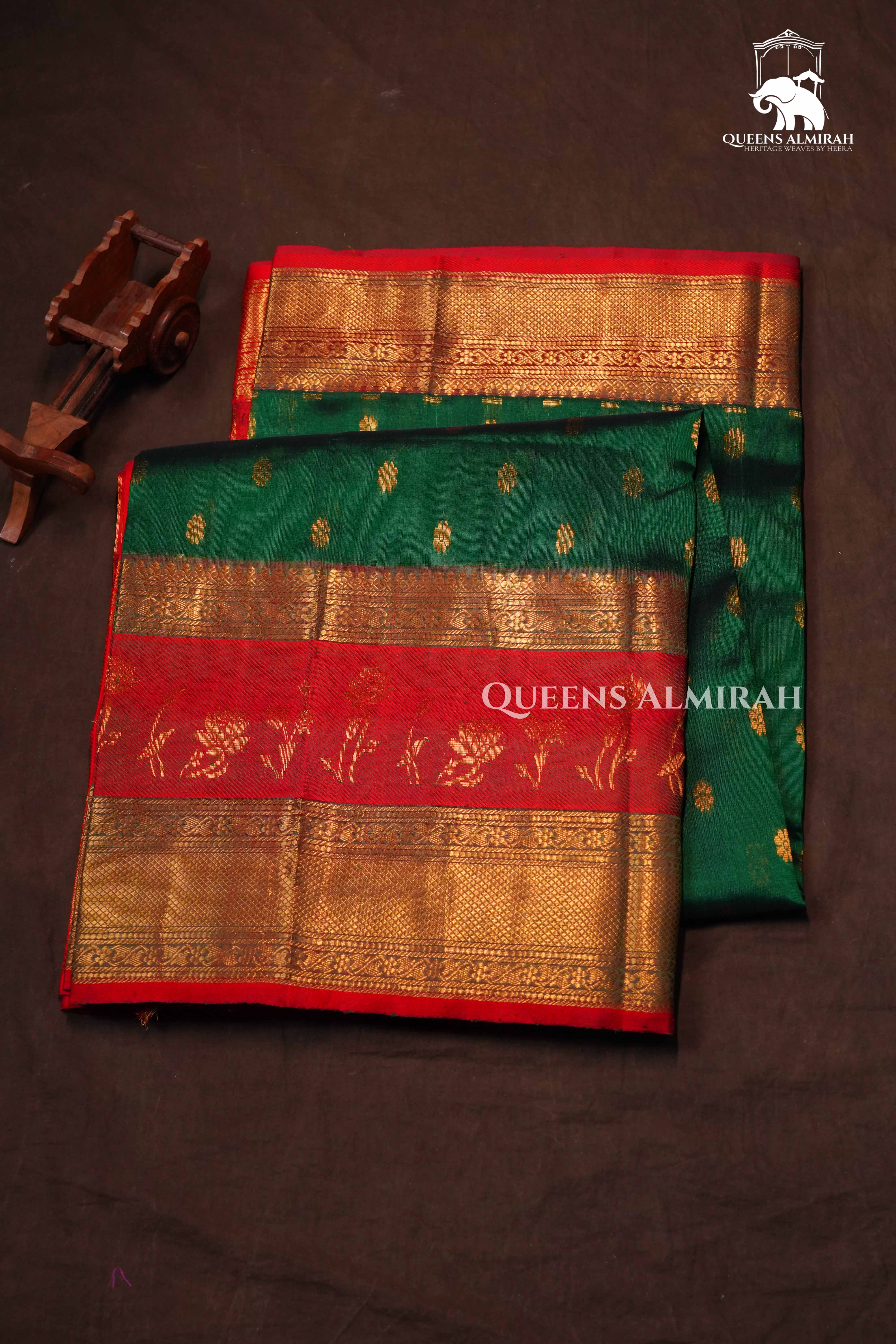 Dark Green With Red  Pure Kanchi Silk Cotton Saree