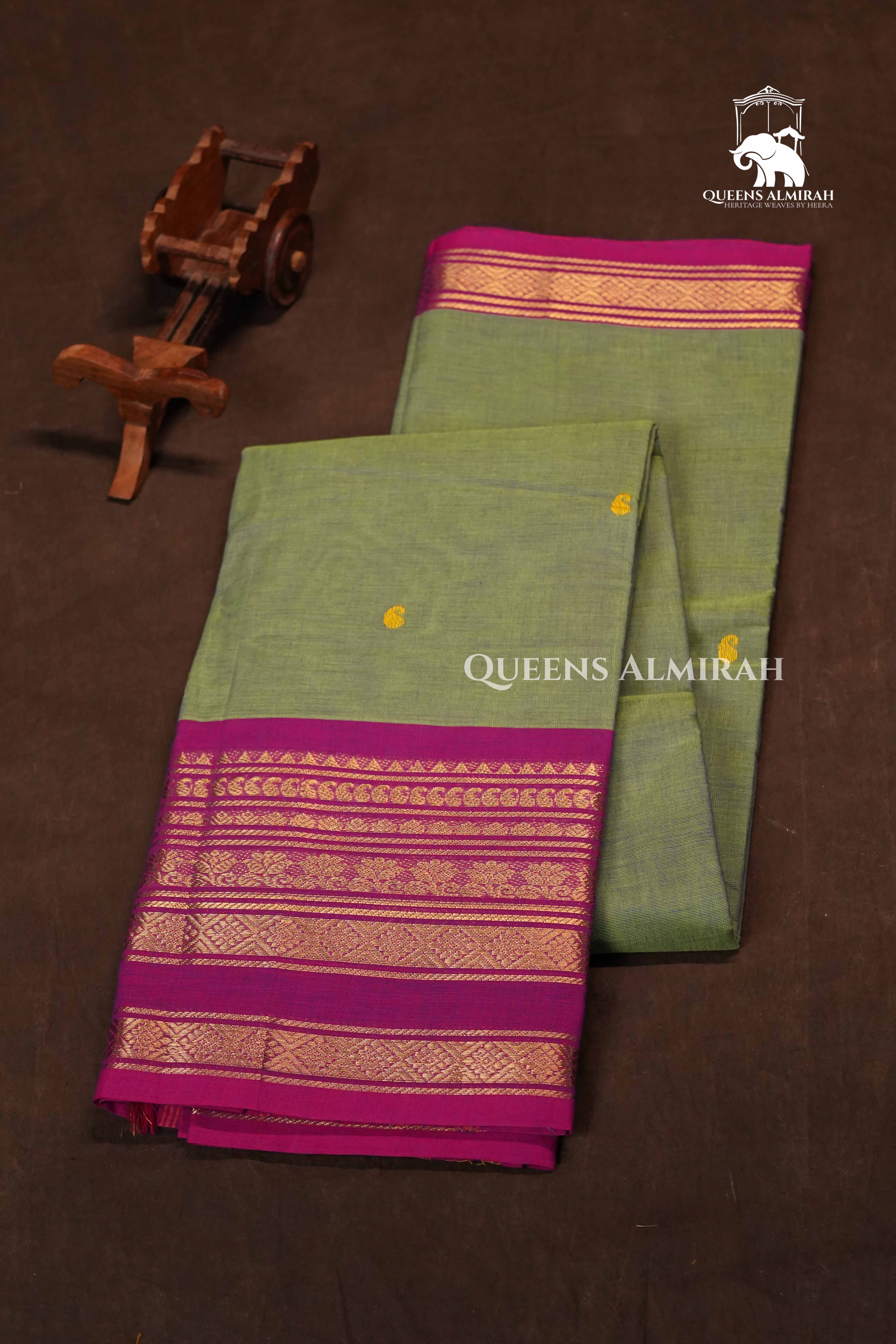 Olive Green With Pink Kanchi Cotton Saree