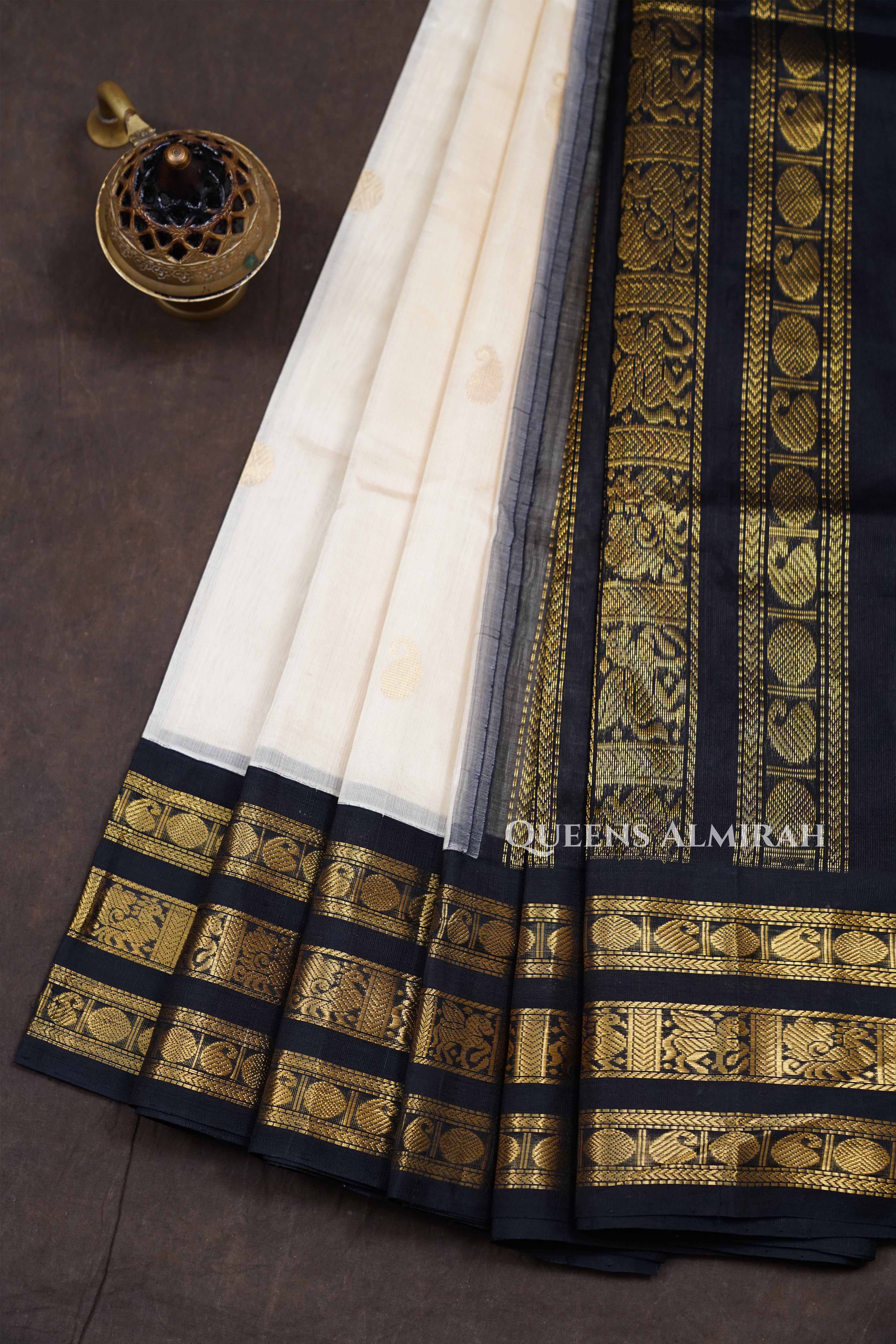 White With Black Pure Silk Cotton Saree