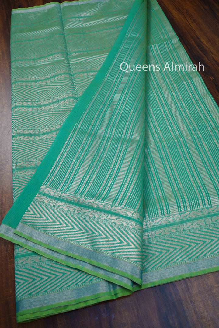 GREENY BLUE PURE SILK COTTON SAREE - Queens Jewel Emporium