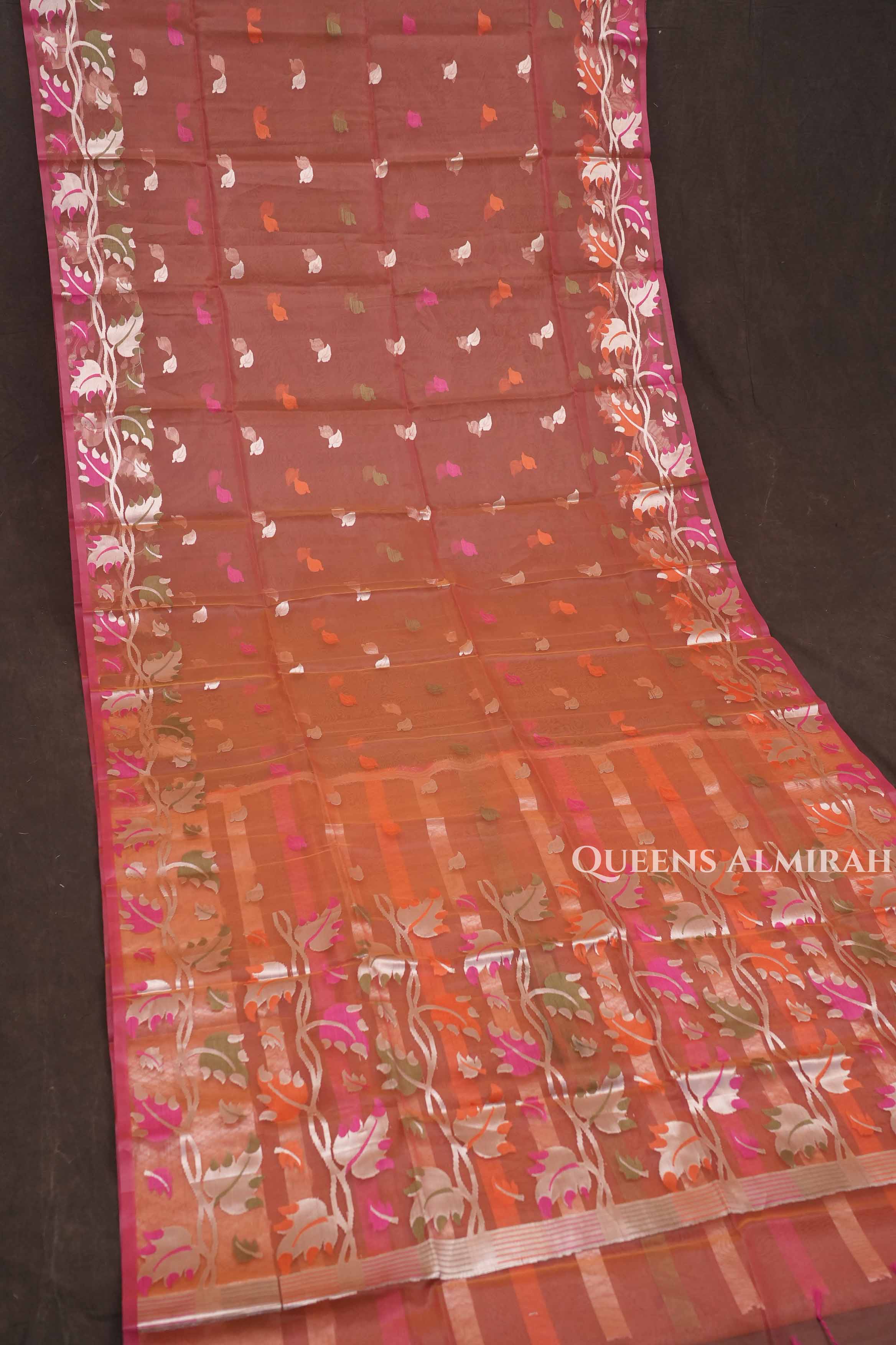 Orange Muslin Jamdani Saree