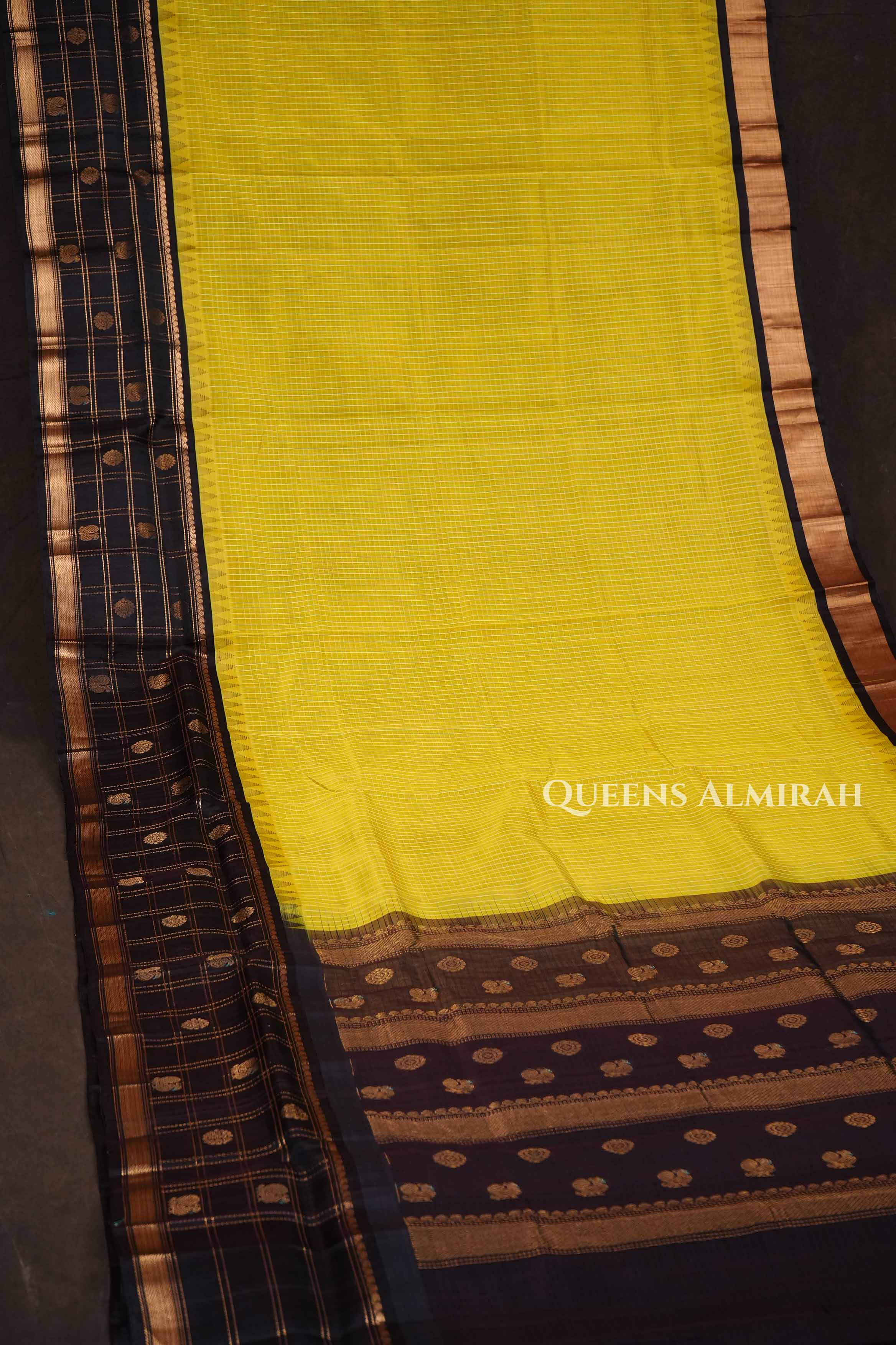 Yellow With Dark Brown  Pure Kanchi Silk Cotton Saree