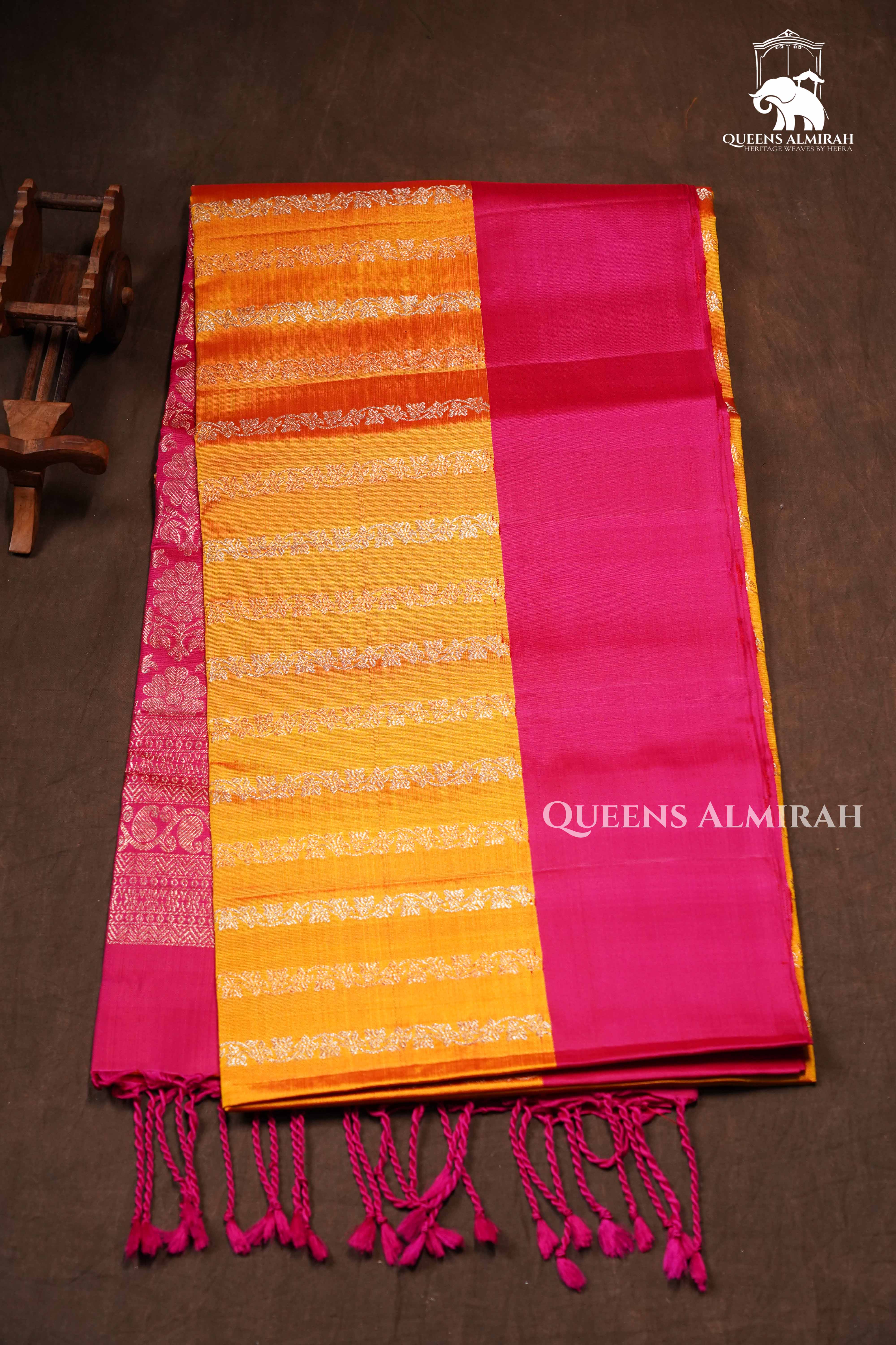 Mango Yellow With Dragon Fruit Pink Pure Soft Silk Saree