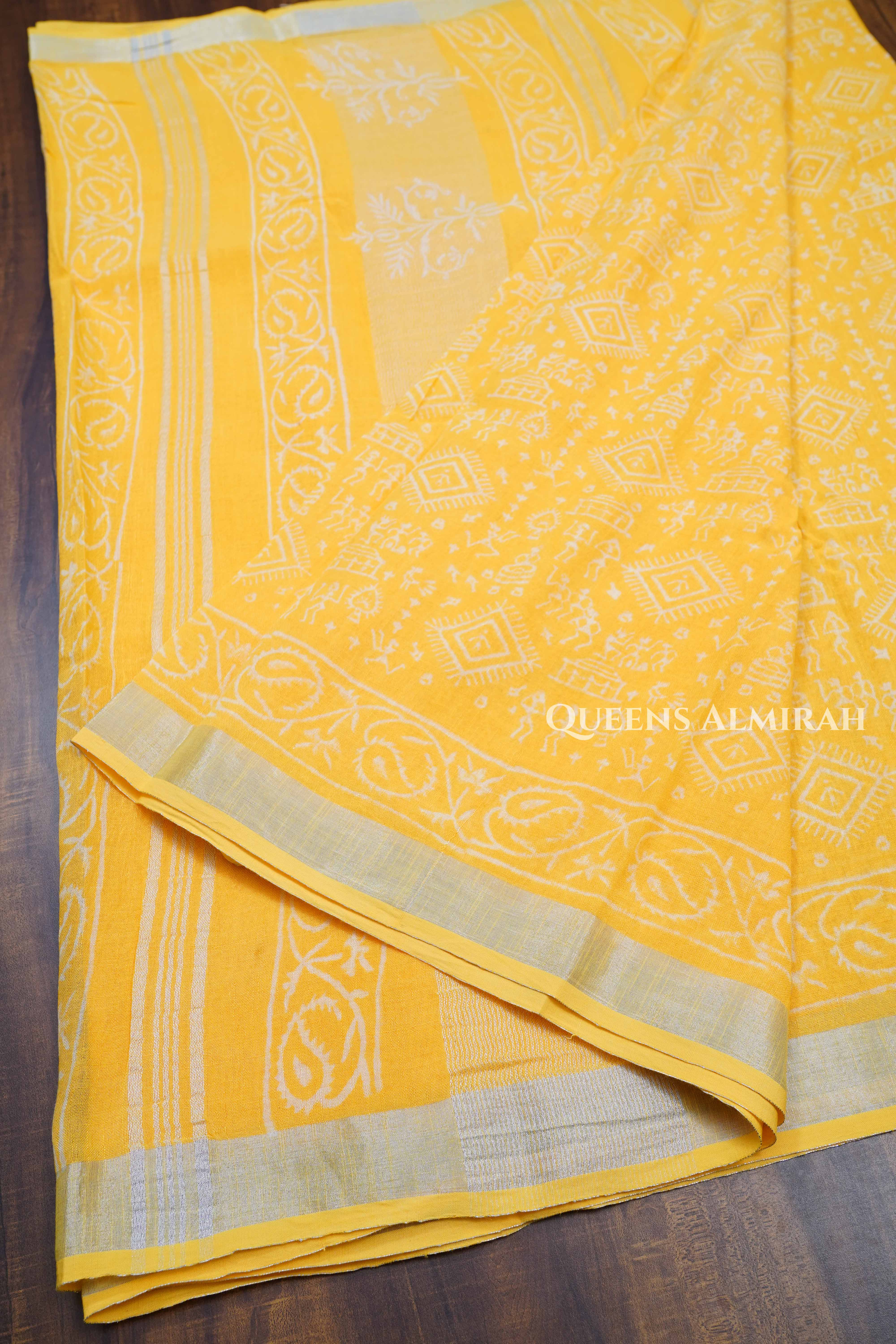 Yellow Linen Cotton Saree