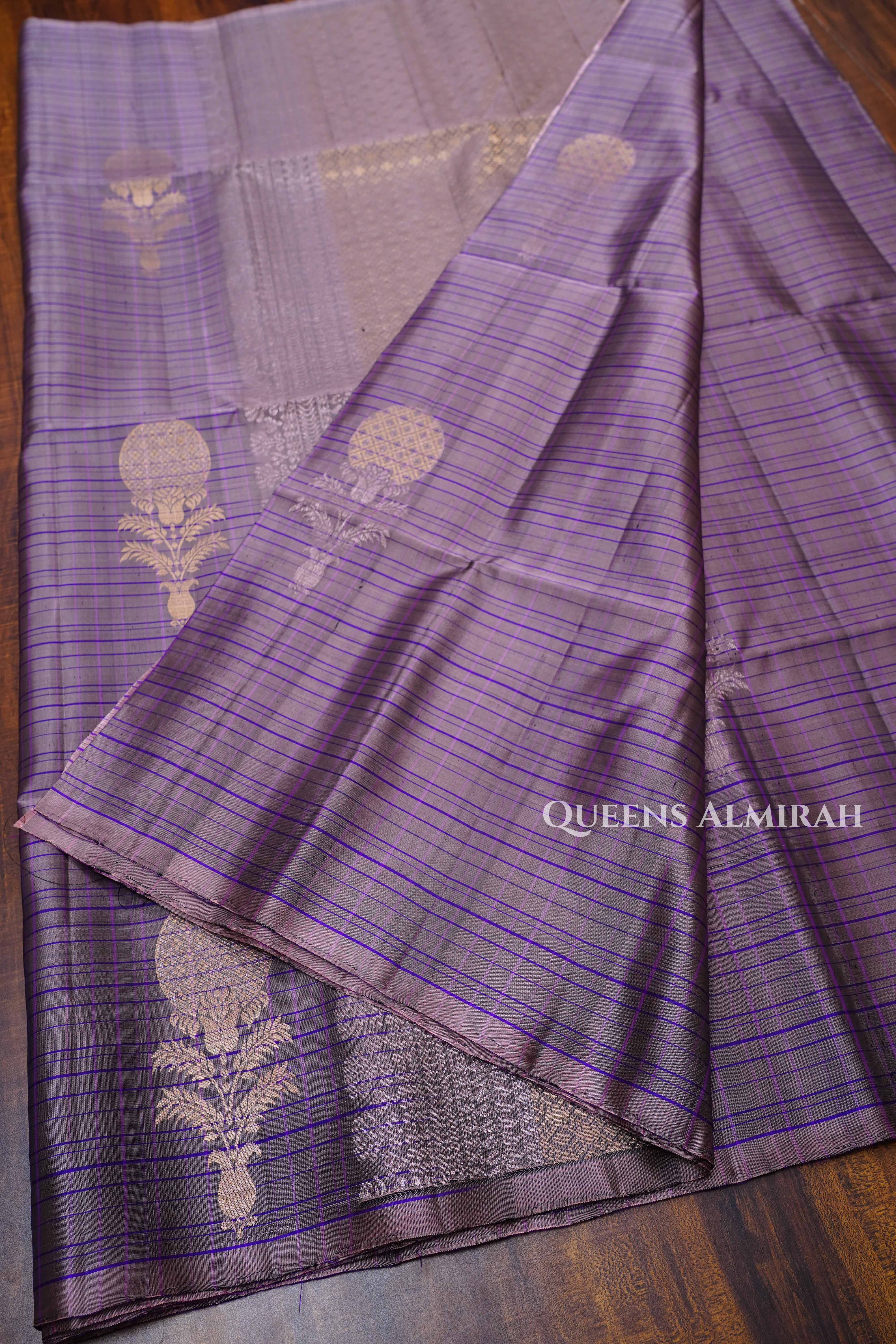 Pinkish Grey With Purple Stripes Pure Soft Silk Saree