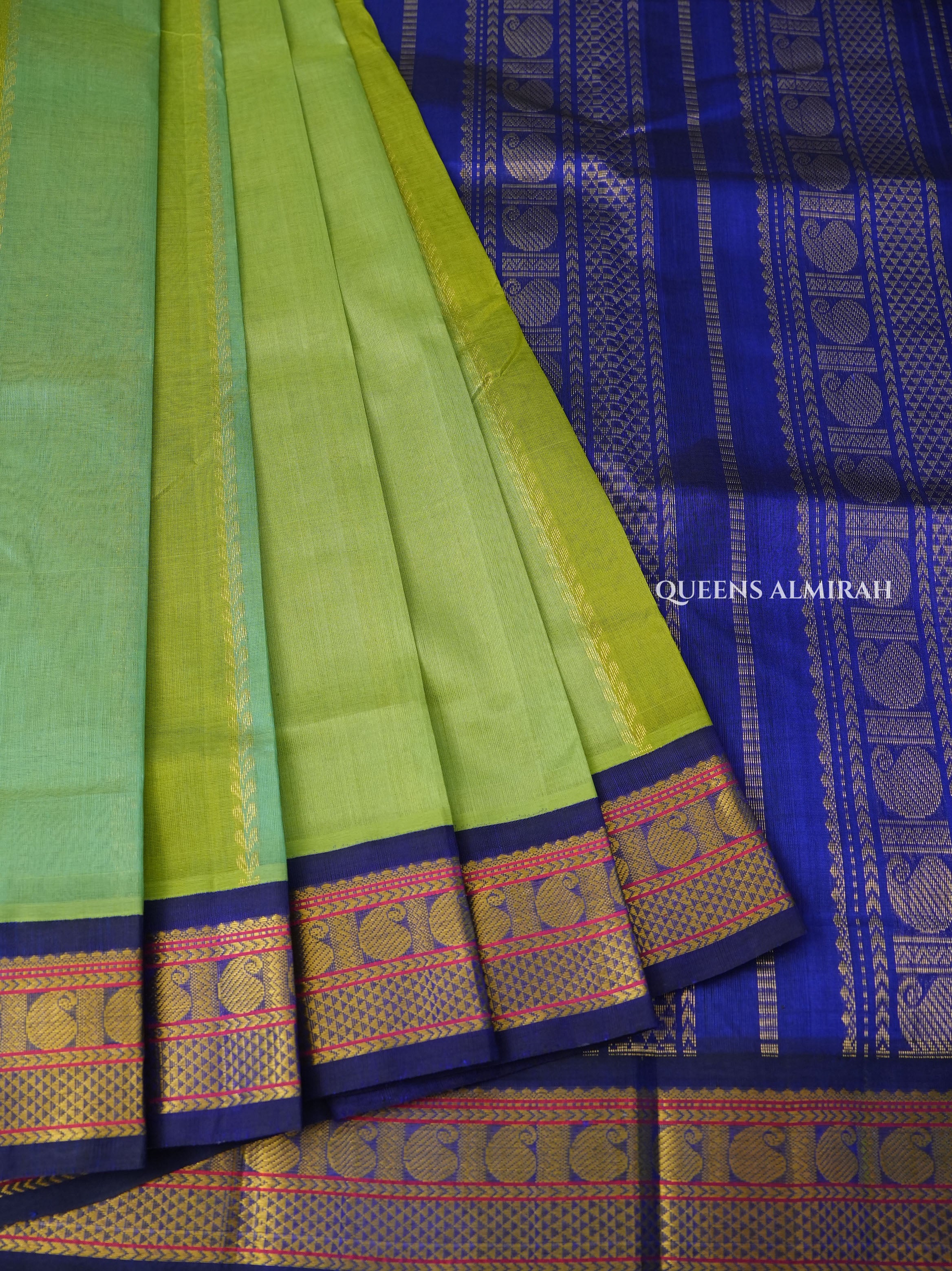 Green And Blue With Navy Blue Border Pure Silk Cotton Saree