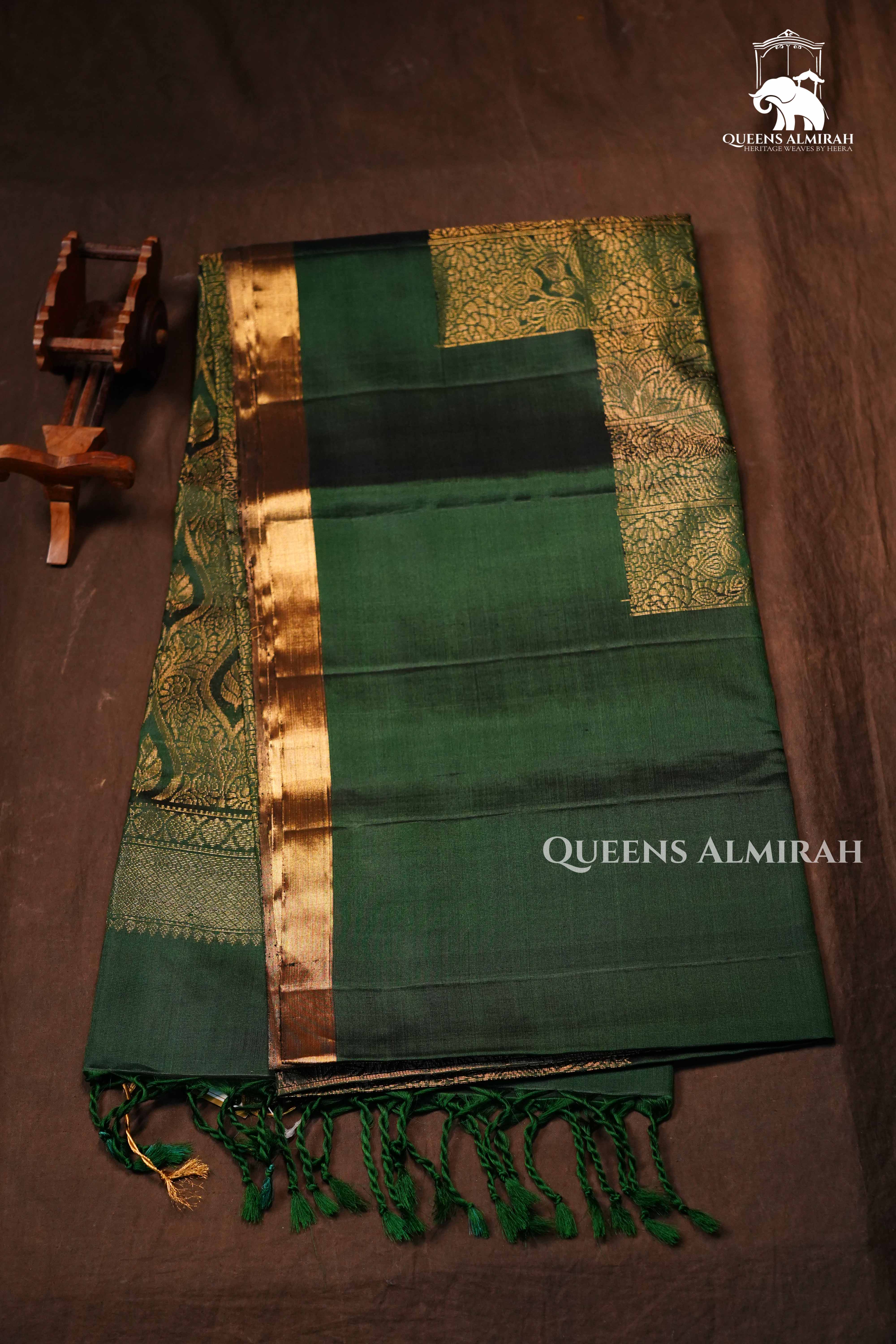 Dark Green Raising Border Pure Soft Silk Saree