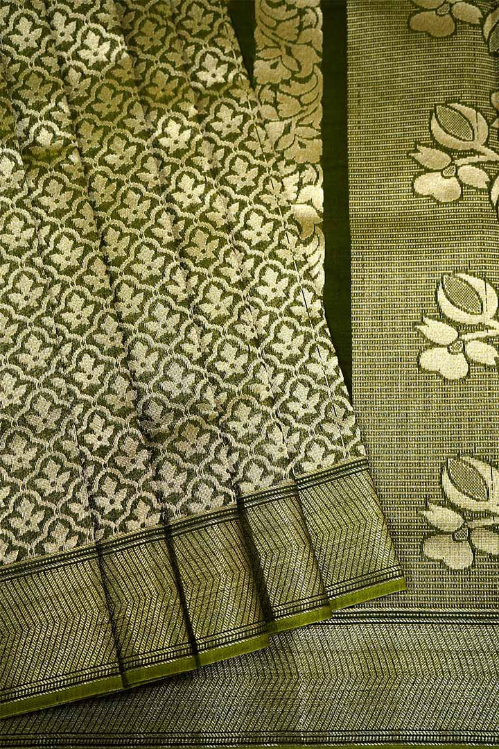 OLIVE GREEN BROCADE SILK COTTON SAREE - Queens Jewel Emporium