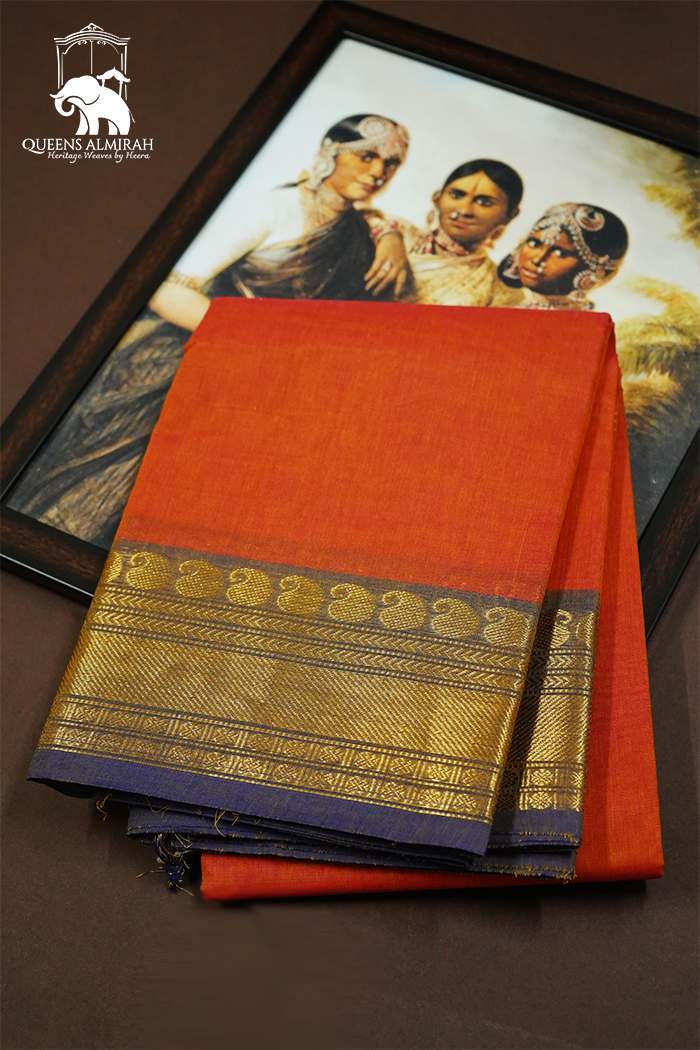 BURNT ORANGE WITH PURPLE KANCHI COTTON SAREE - Queens Jewel Emporium
