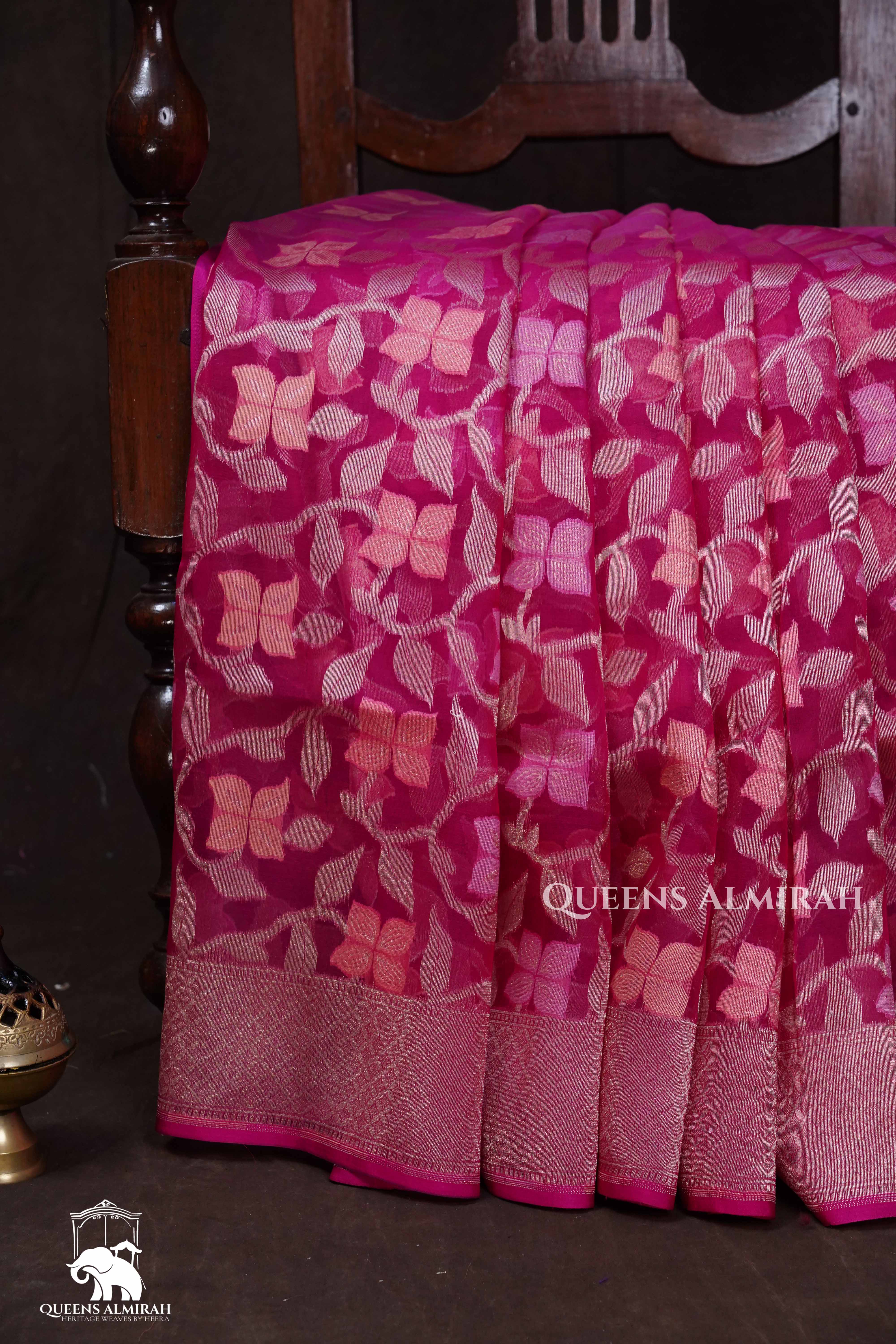 Magenta Pink Banarasi Organza Silk Saree