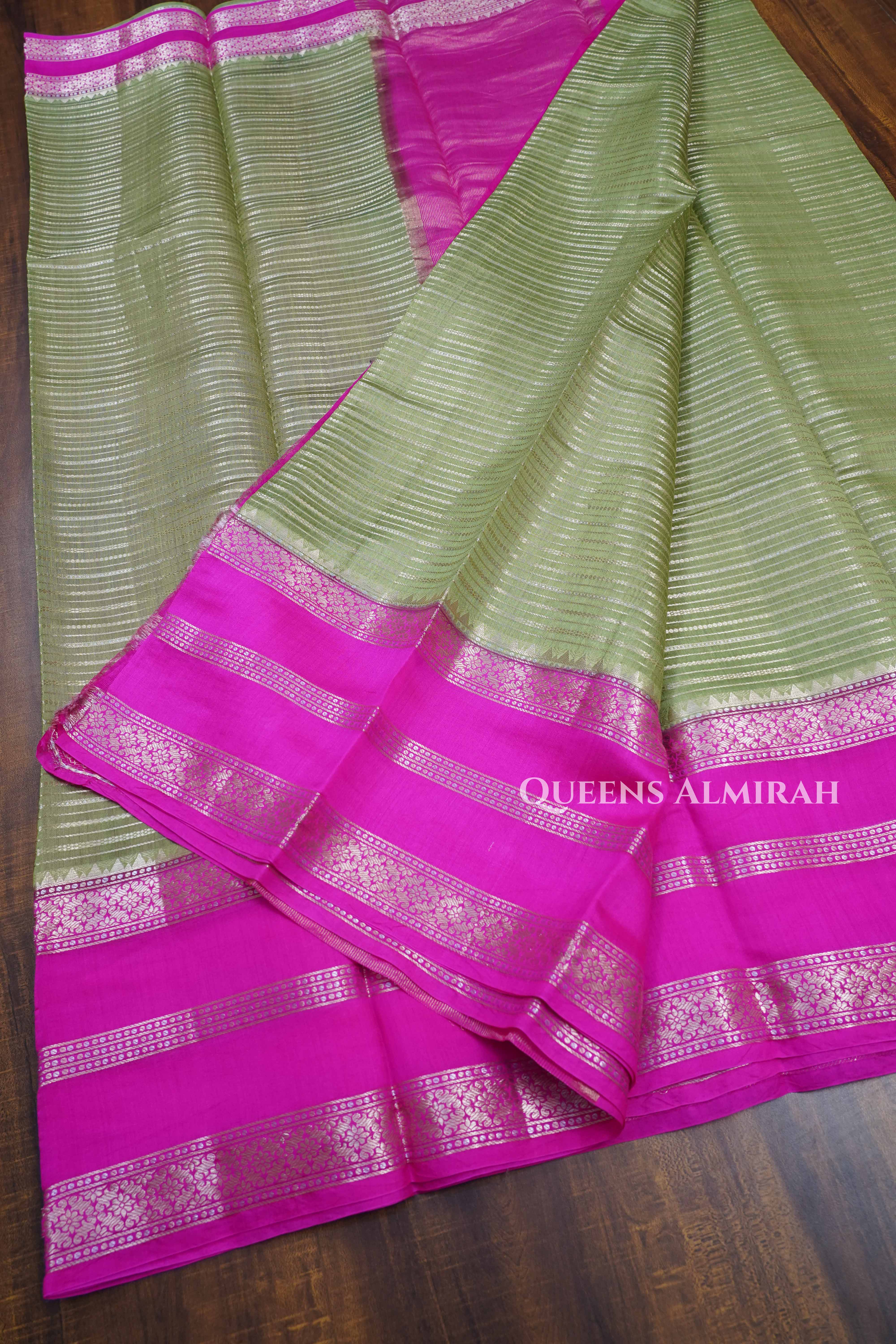 Olive Green With Pink Chiniya Silk Saree