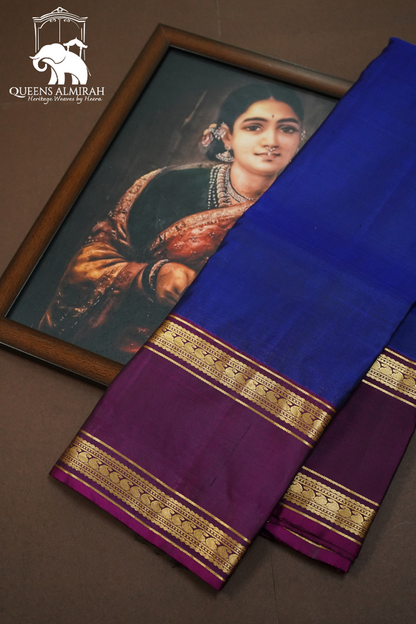 DEEP SAPPHIRE WITH WINE BERRY PURE KANCHIVARAM SILK SAREE - Queens Jewel Emporium