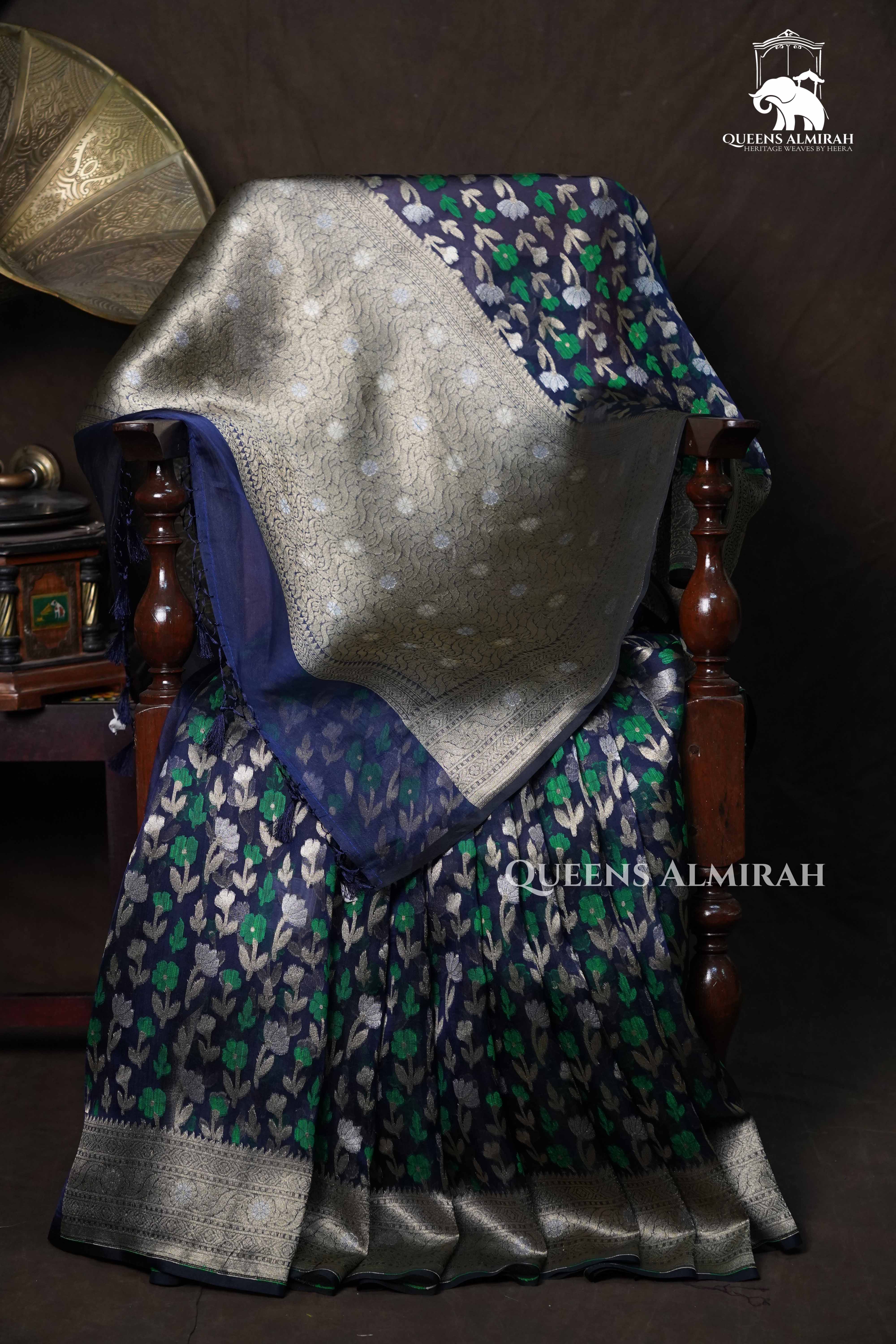 Dark Navy Banarasi Organza Silk Saree