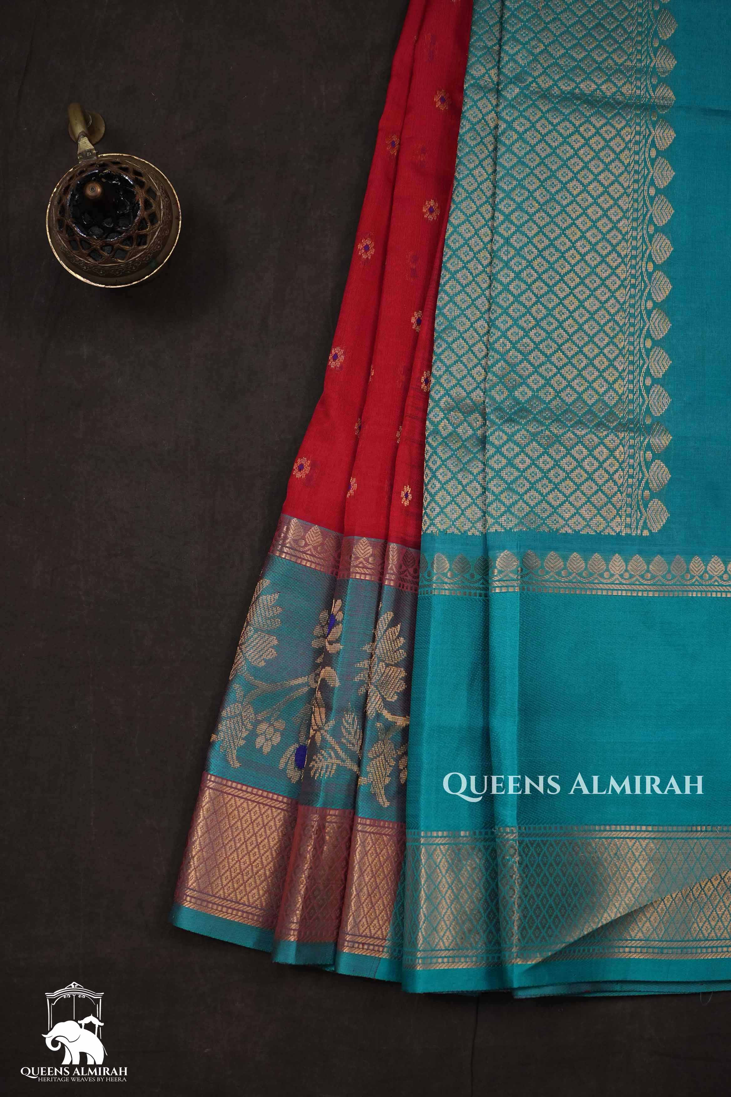 Red With Sea Blue Pure Kanchi Silk Cotton Saree