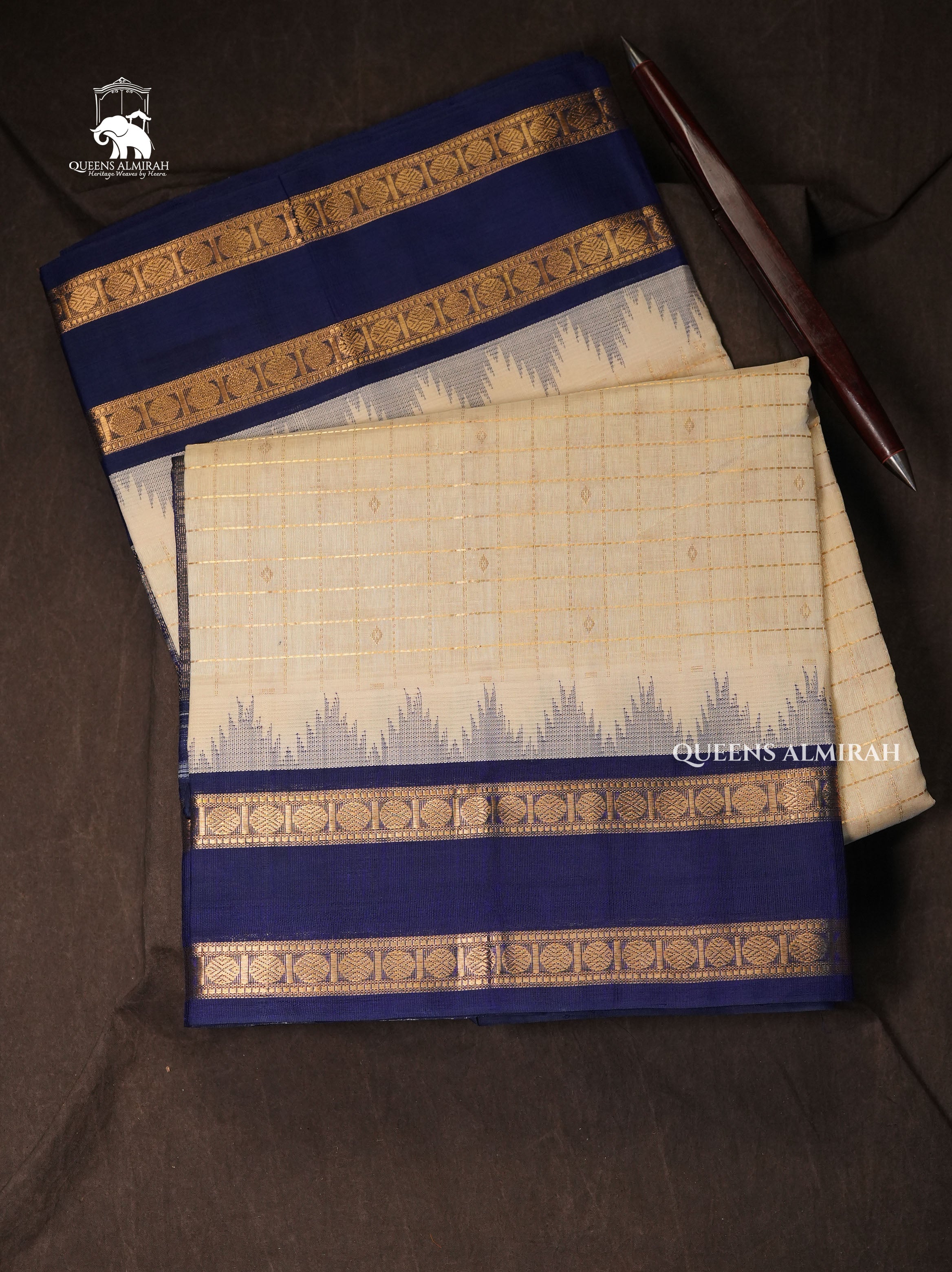 White Kattam With Navy Blue Pure Silk Cotton Saree
