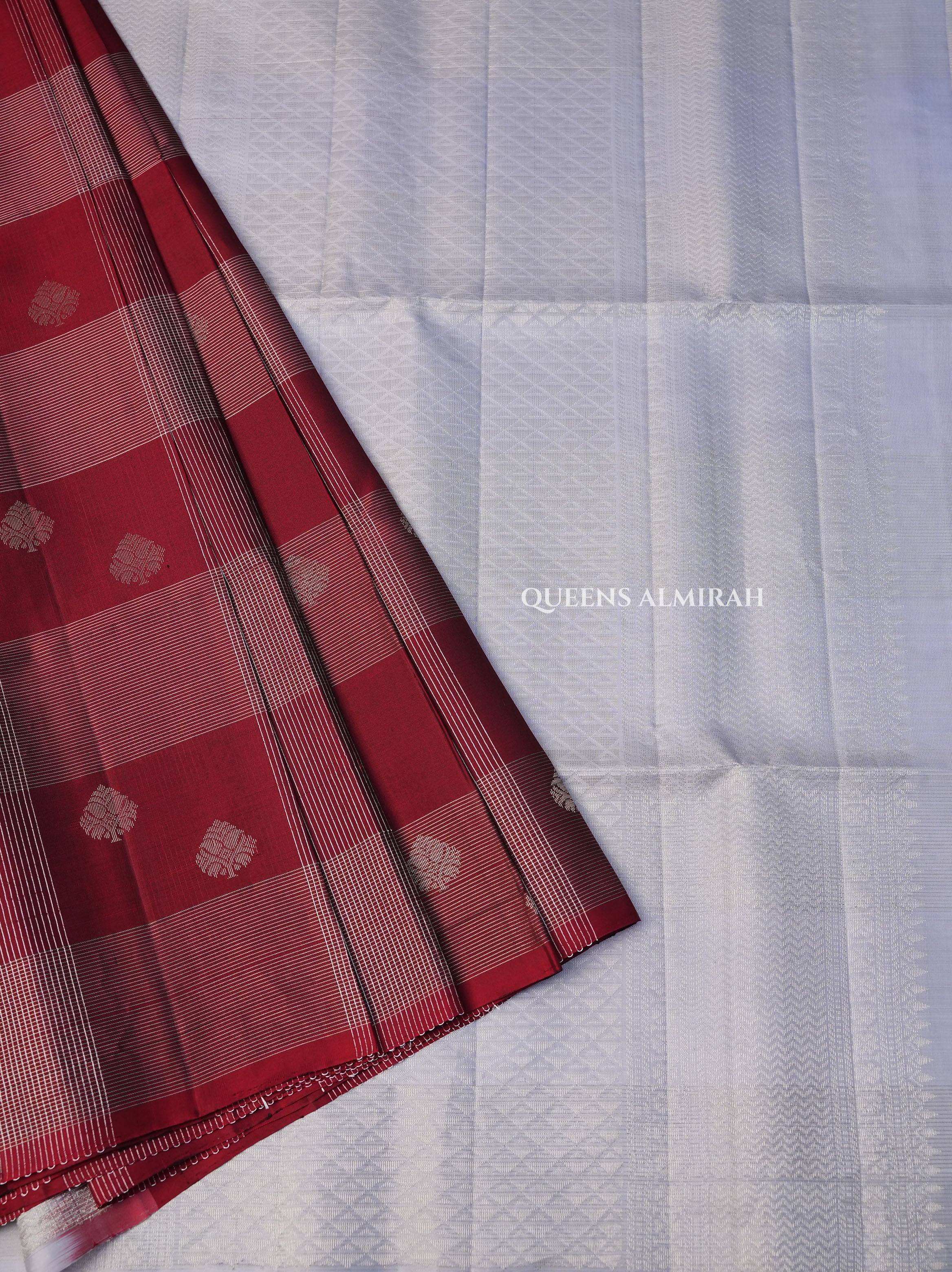 Maroon Vairaoosi Kattam With Silver Grey Pure Soft Silk Saree