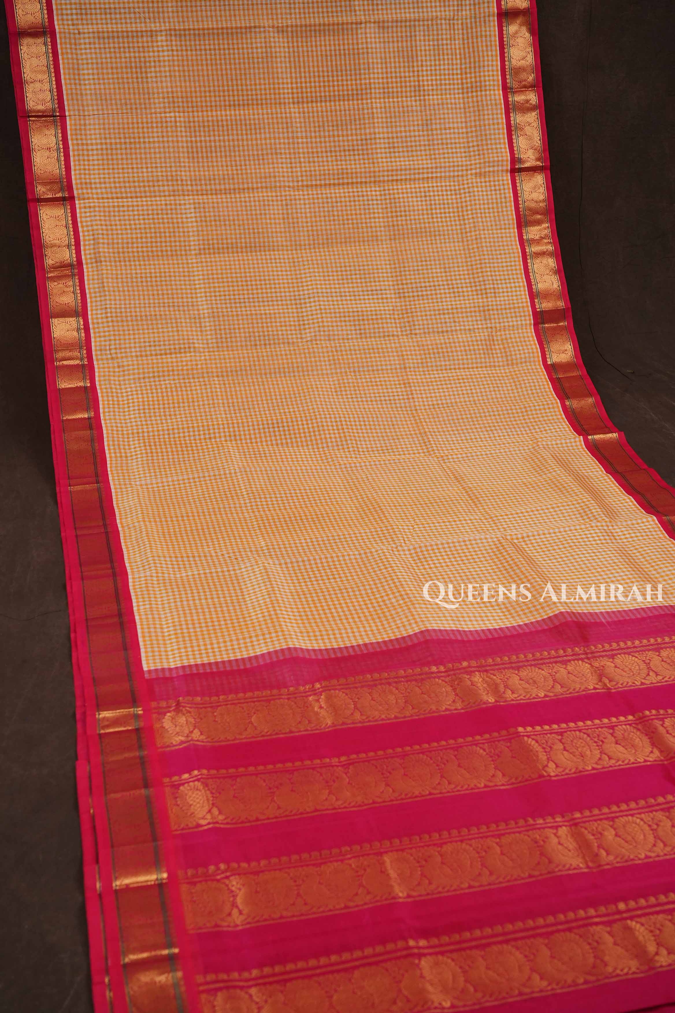 Yellow Checks With Red Pure Silk Cotton Saree