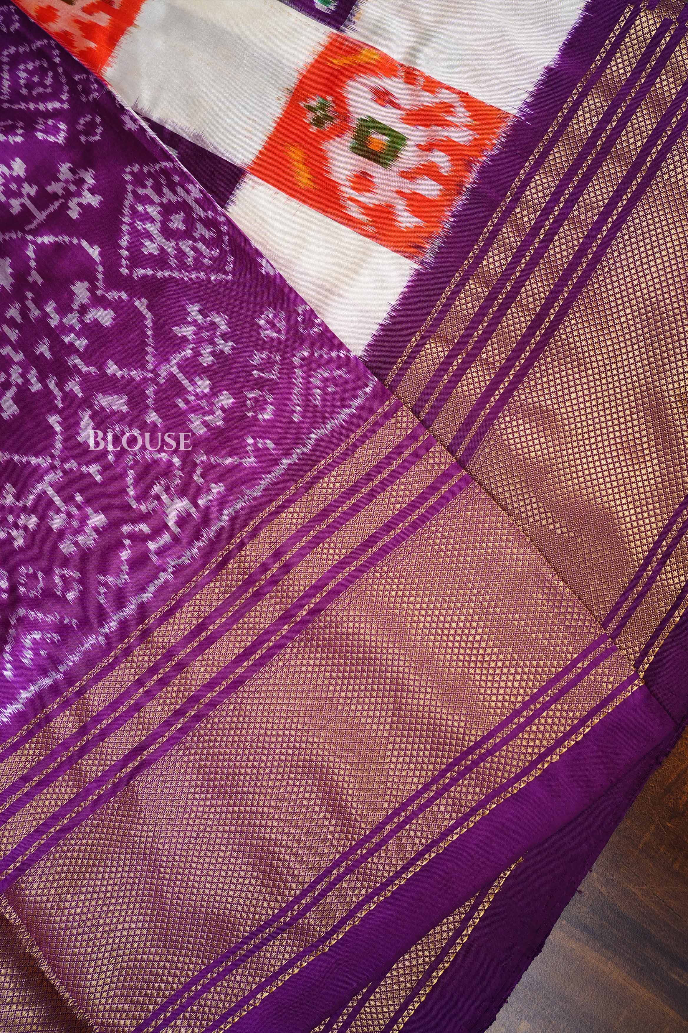 White With Purple Checkerboard Pochampally Pure Ikat Silk Saree