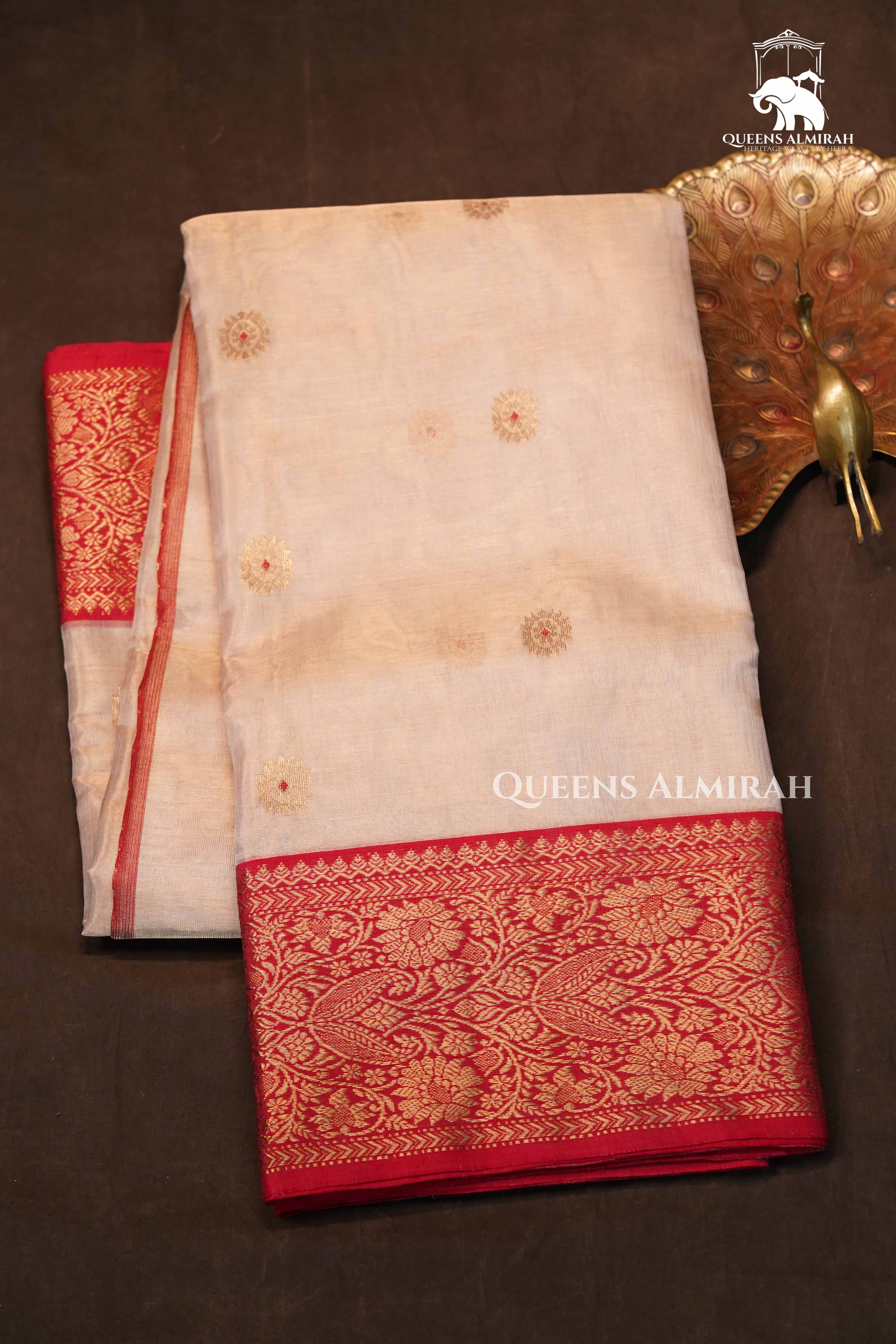 Sandal With Red Katan Silk Handloom Saree