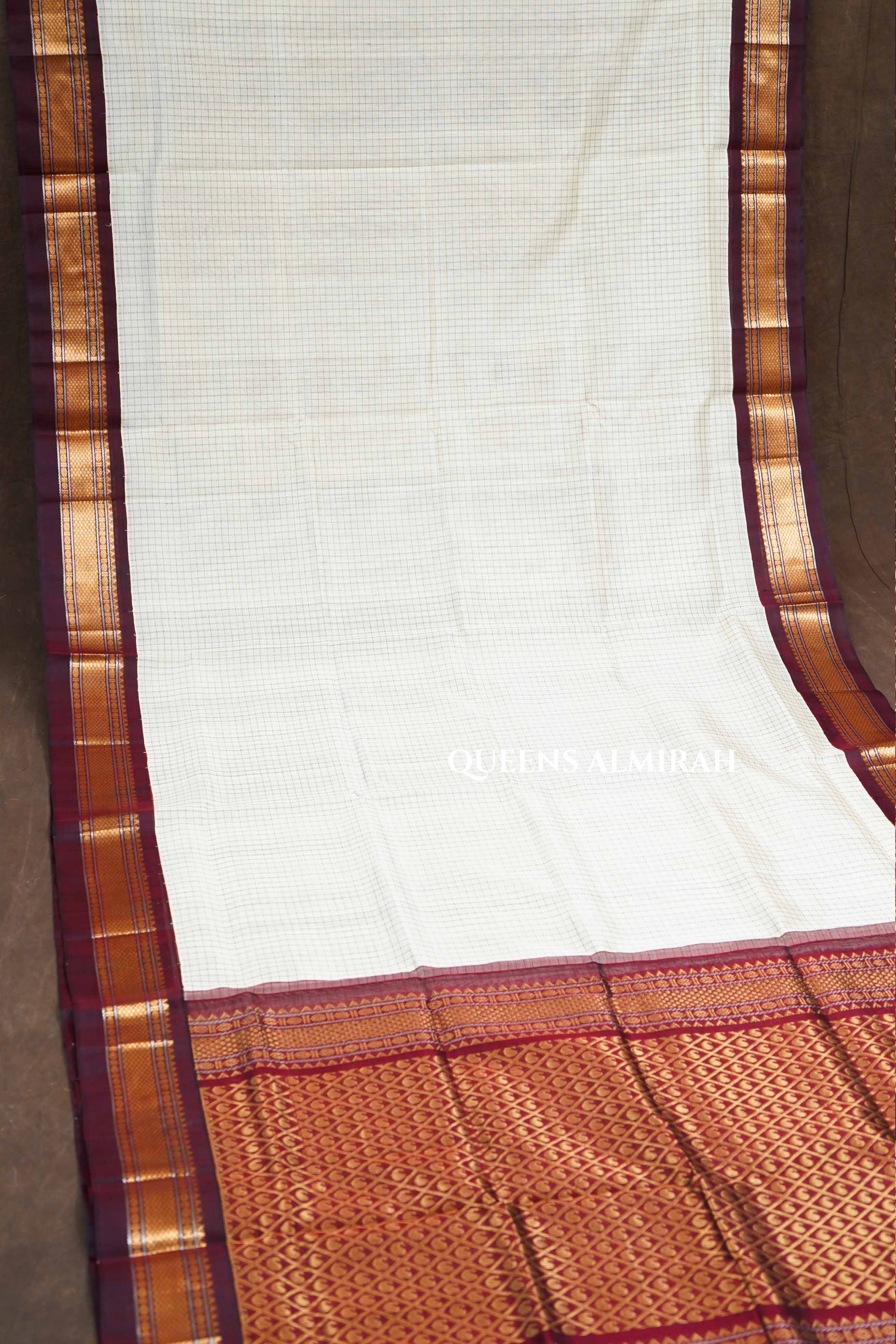 White Kattam And Maroon Pure Silk Cotton Saree
