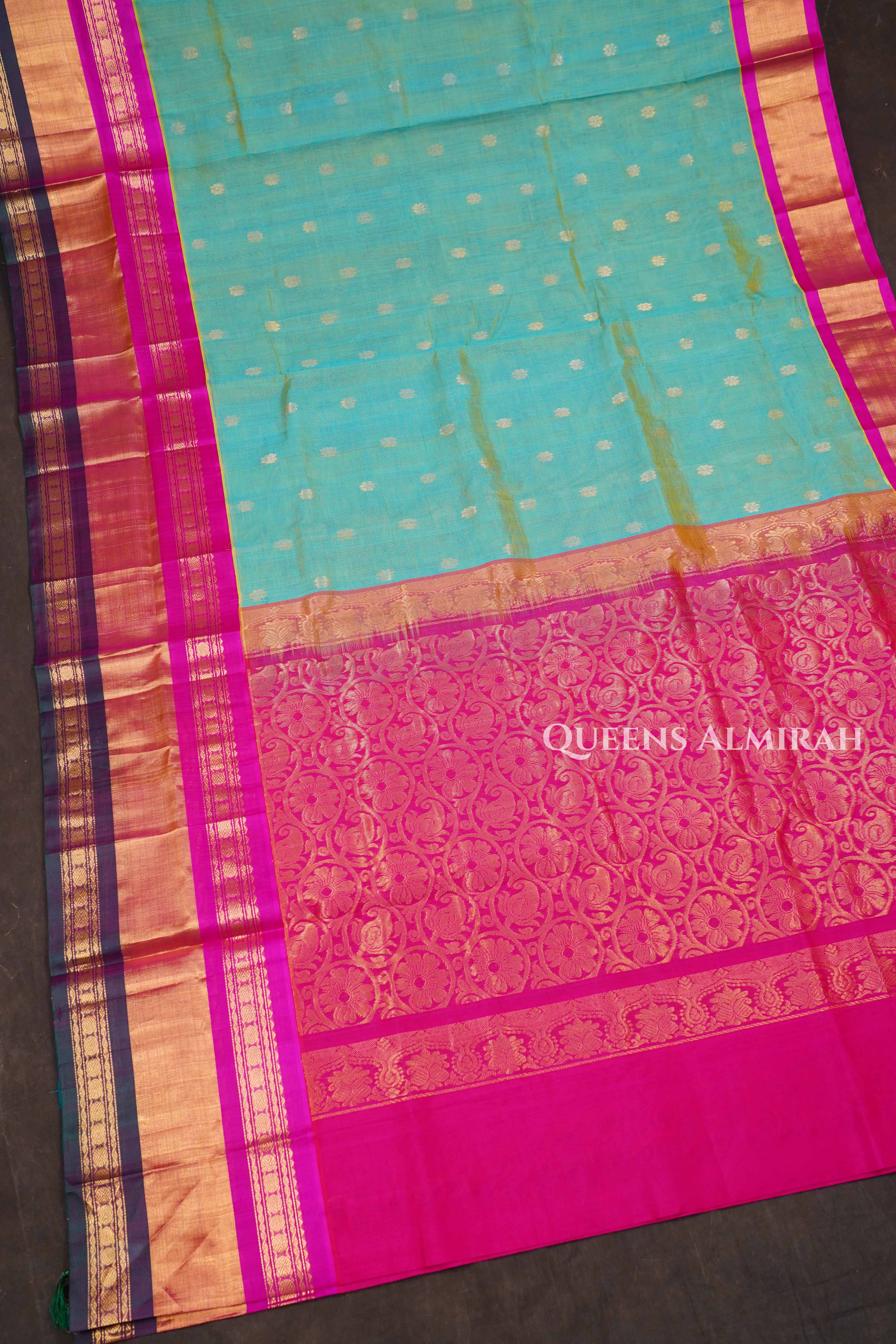 Sea Green With Pink Pure Kanchi Silk Cotton Saree