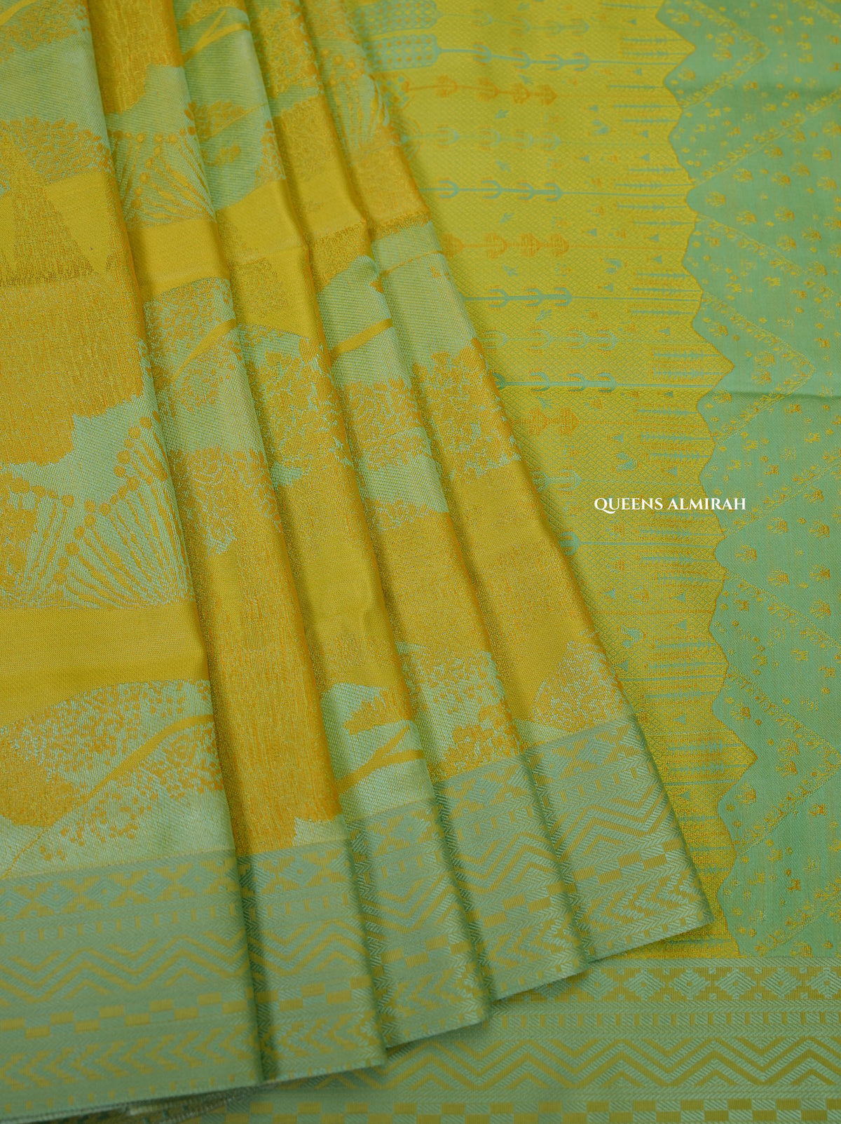 Yellow With Mint Green Pashmina Silk Saree