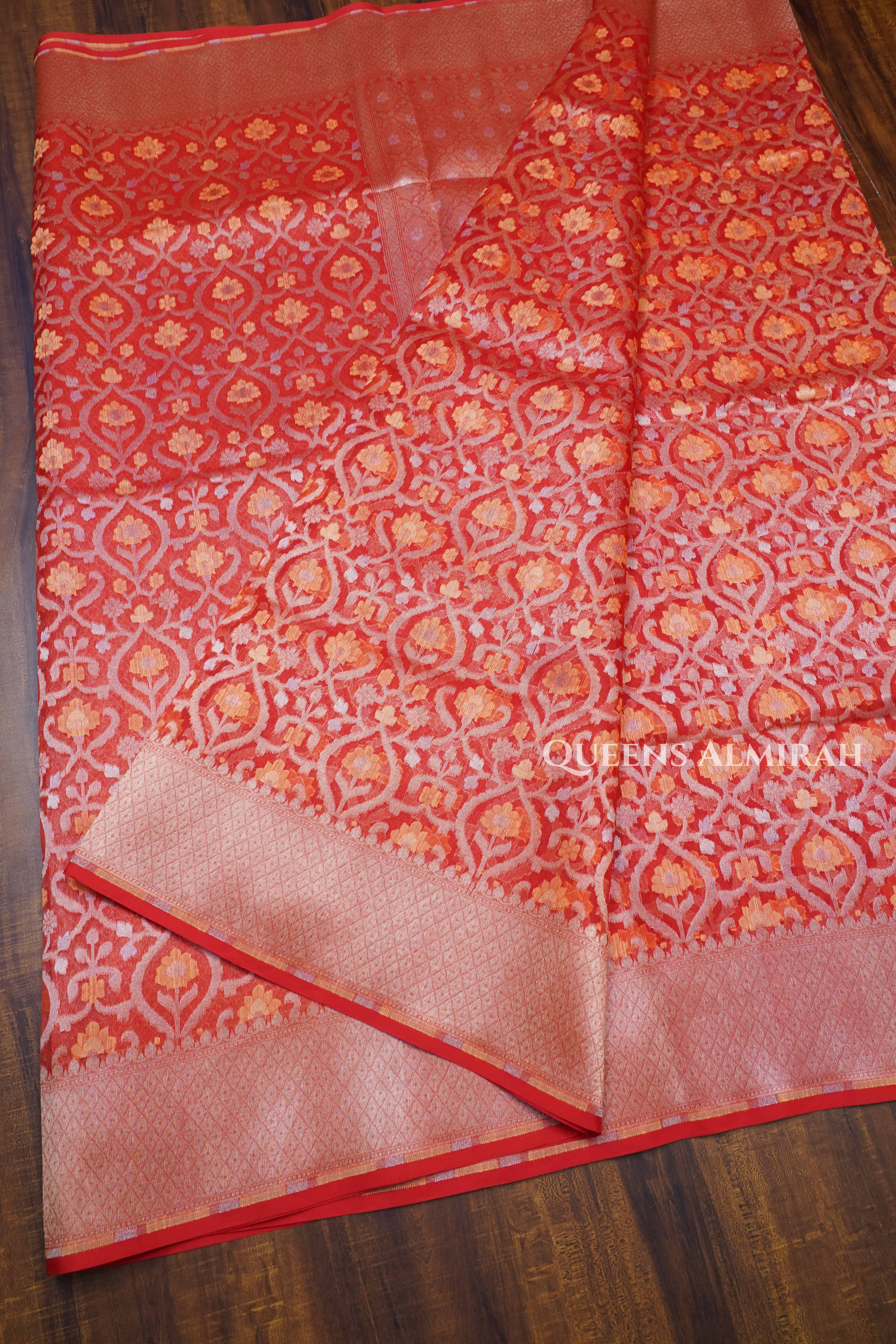 Rust Orange Banarasi Organza Silk Saree